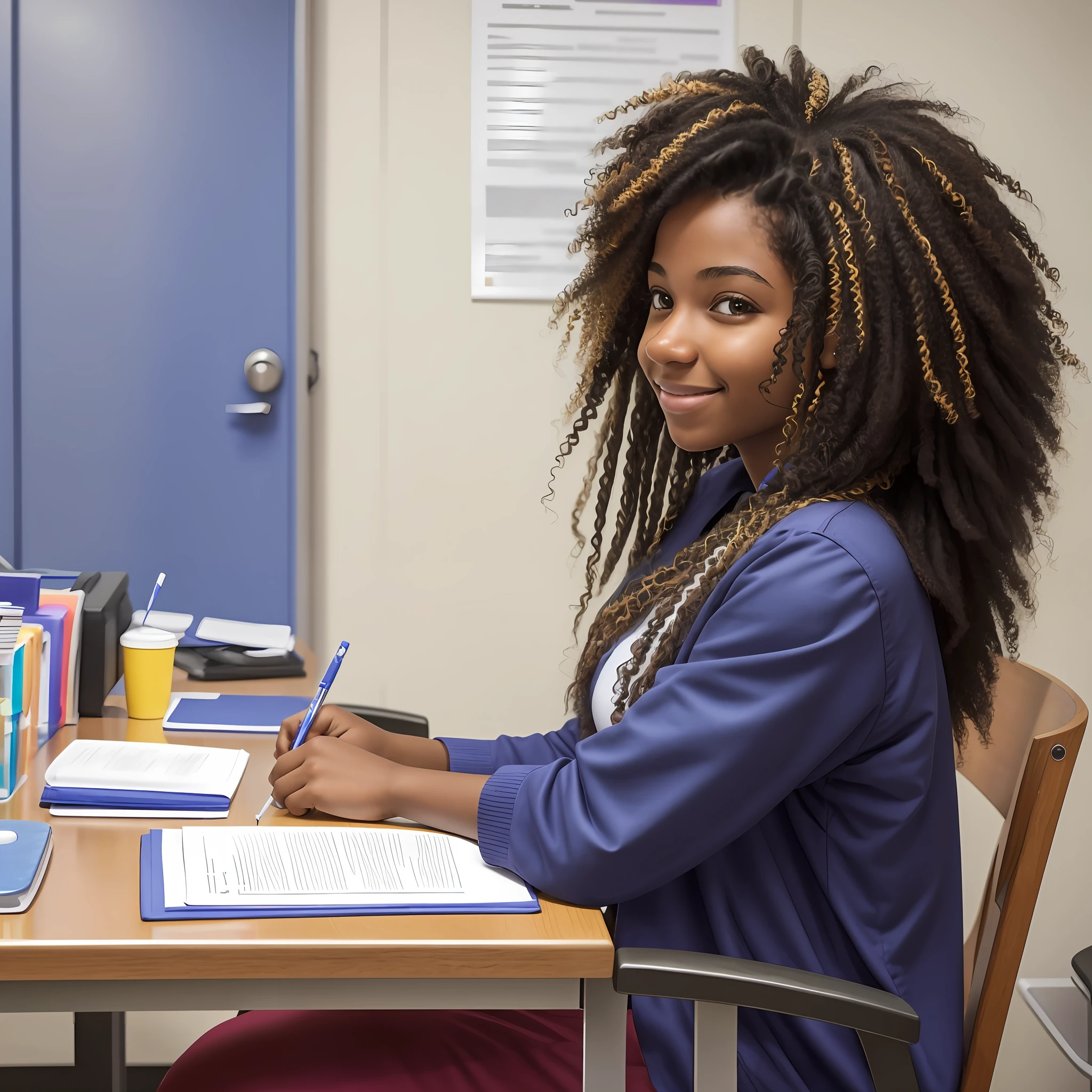18-year-old girl whose mother is from Germany and the father is afro caribbean. She is in her exam room and takes the baccalaureate philosophy test. She has half-length mixed hair. They are happy --auto --s2