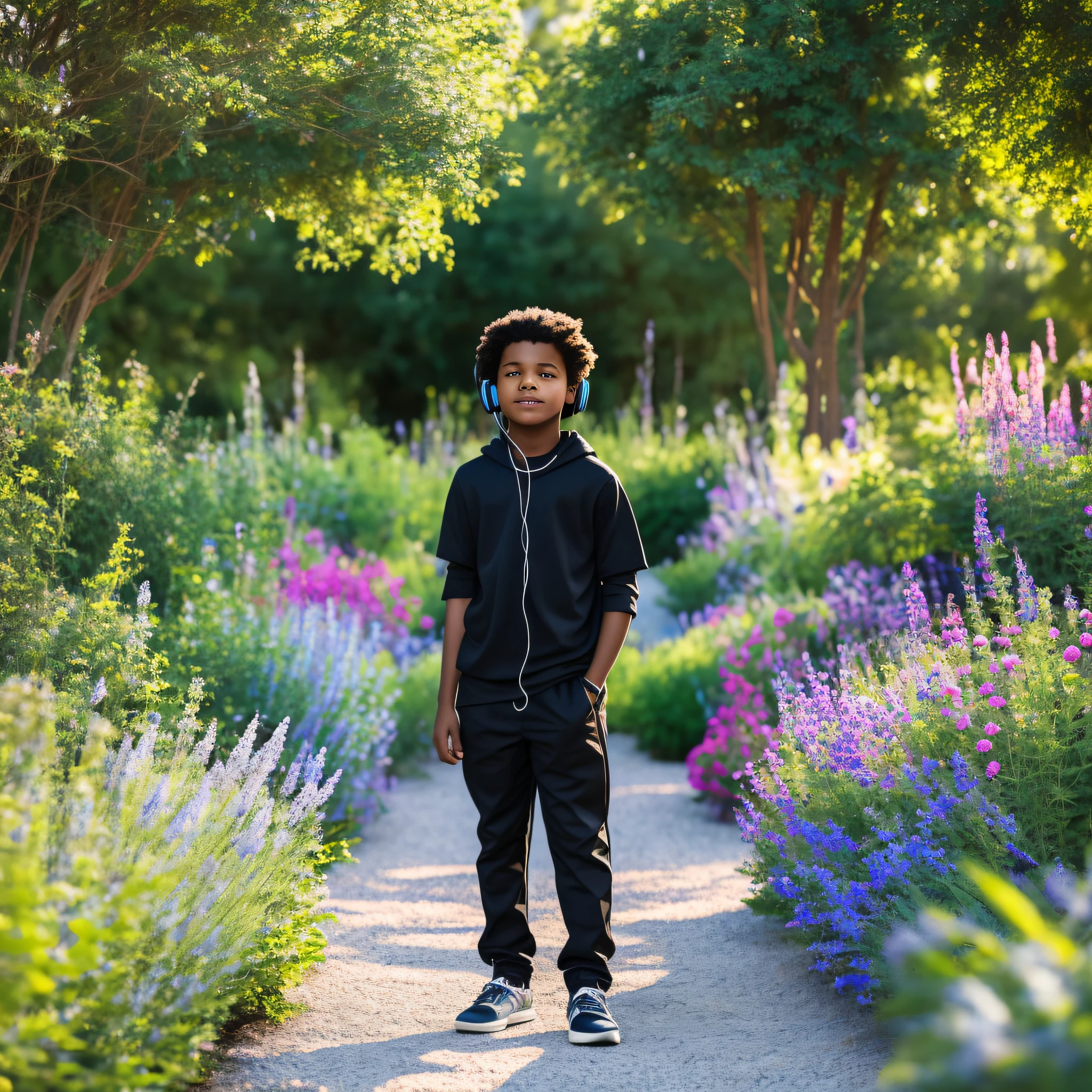 Black boy standing in the middle of a beautiful garden, listening to music with headphones, ultra realistic 8K image, 4000x4000 pixels --auto --s2