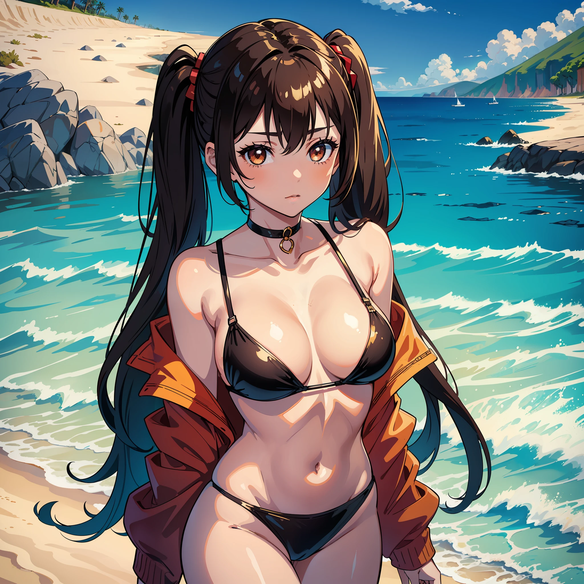 (masterpiece: 1.2, best quality), (finely detailed beautiful eyes: 1.2), a girl with twintail, brown eyes, in a black bikini with red details, beach, water, large breasts, only 1 girl, age 20, golden hair
