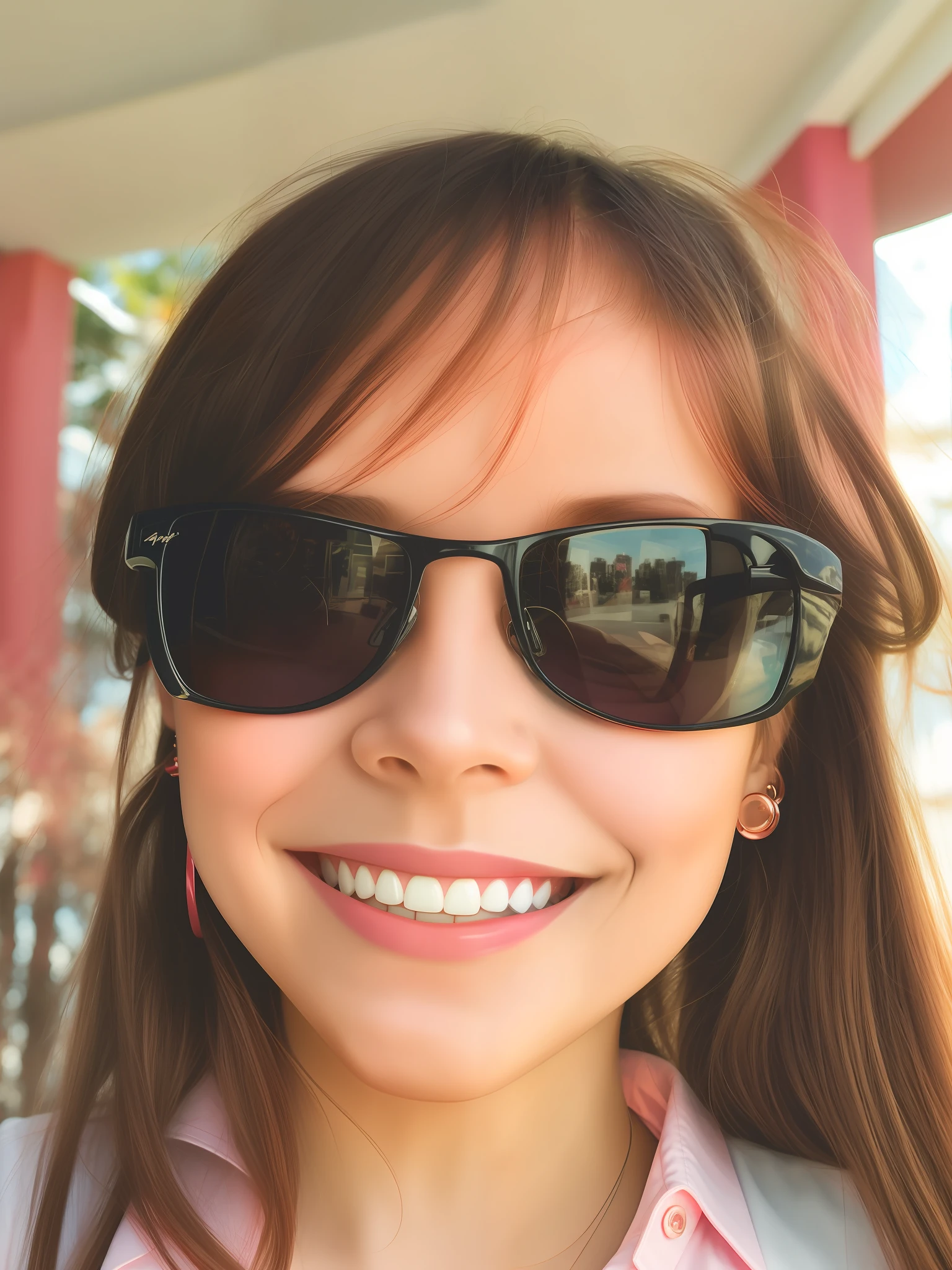 Smiling girl wearing sunglasses and a pink and white shirt, red hair, futuristic background