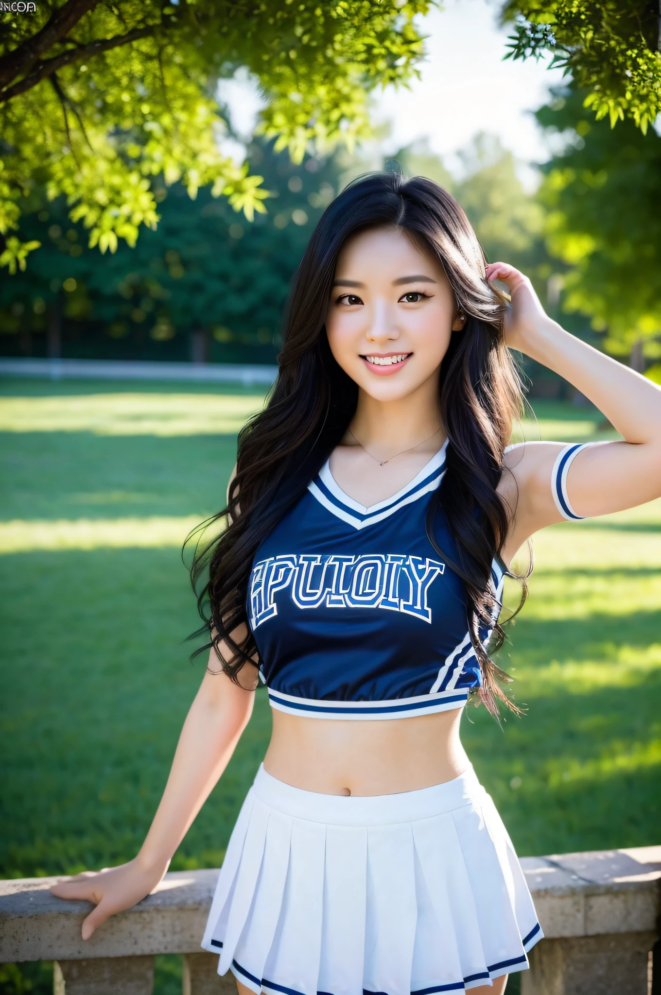 (8k, highest quality, masterpiece: 1.2), ultra detail, highest quality, ultra high resolution, professional lighting, photon mapping, radiosity, physically based rendering, cinematic lighting, depth of field, focusing, sun rays, good composition, (bokeh: 1.2), 1 girl, (full body), smile, beautiful eyes, pose, constriction, black hair, medium hair, cheerleader,