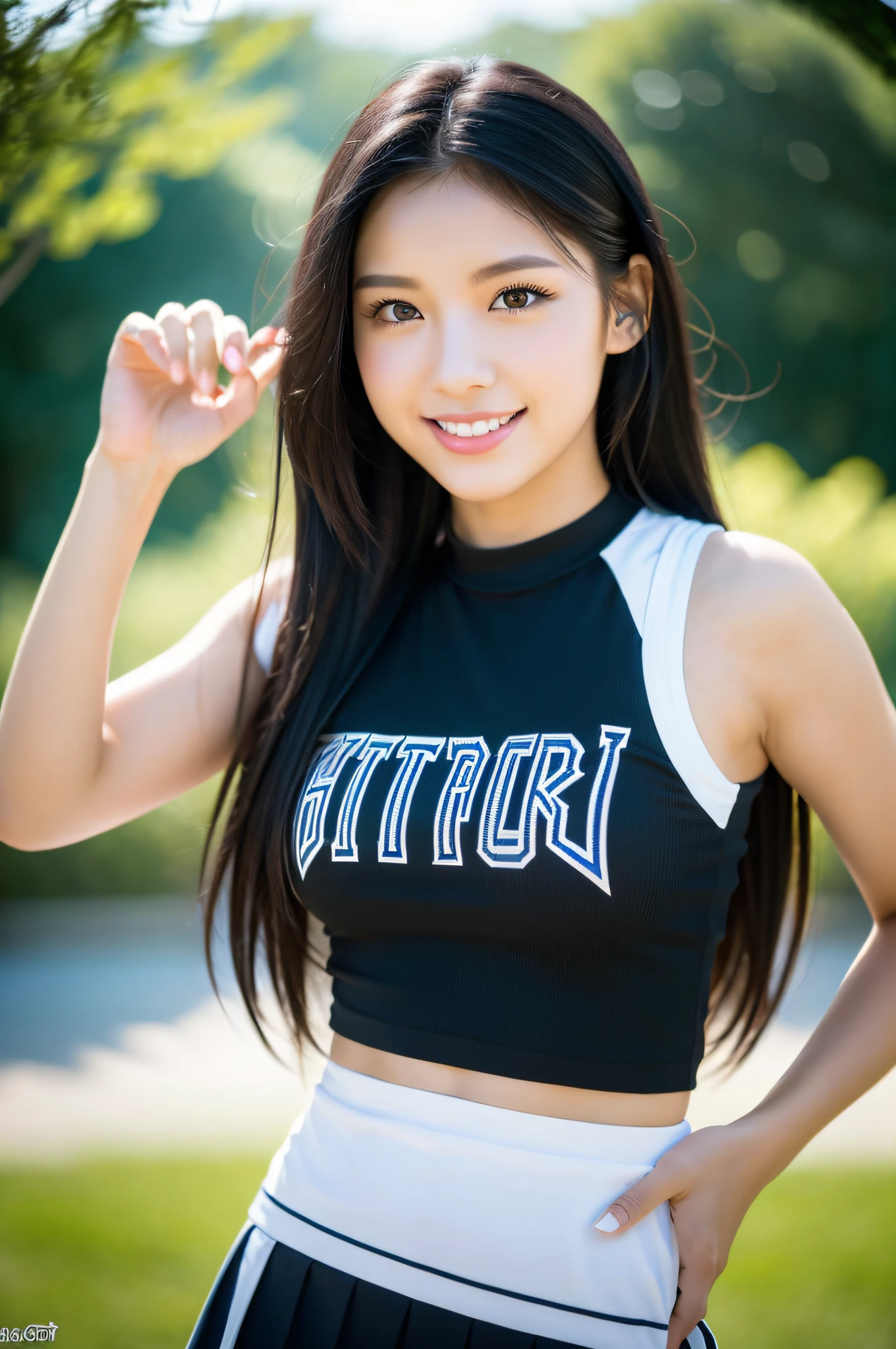 (8k, highest quality, masterpiece: 1.2), ultra detail, highest quality, ultra high resolution, professional lighting, photon mapping, radiosity, physically based rendering, cinematic lighting, depth of field, focusing, sun rays, good composition, (bokeh: 1.2), 1 girl, (full body), smile, beautiful eyes, pose, constriction, black hair, medium hair, cheerleader,