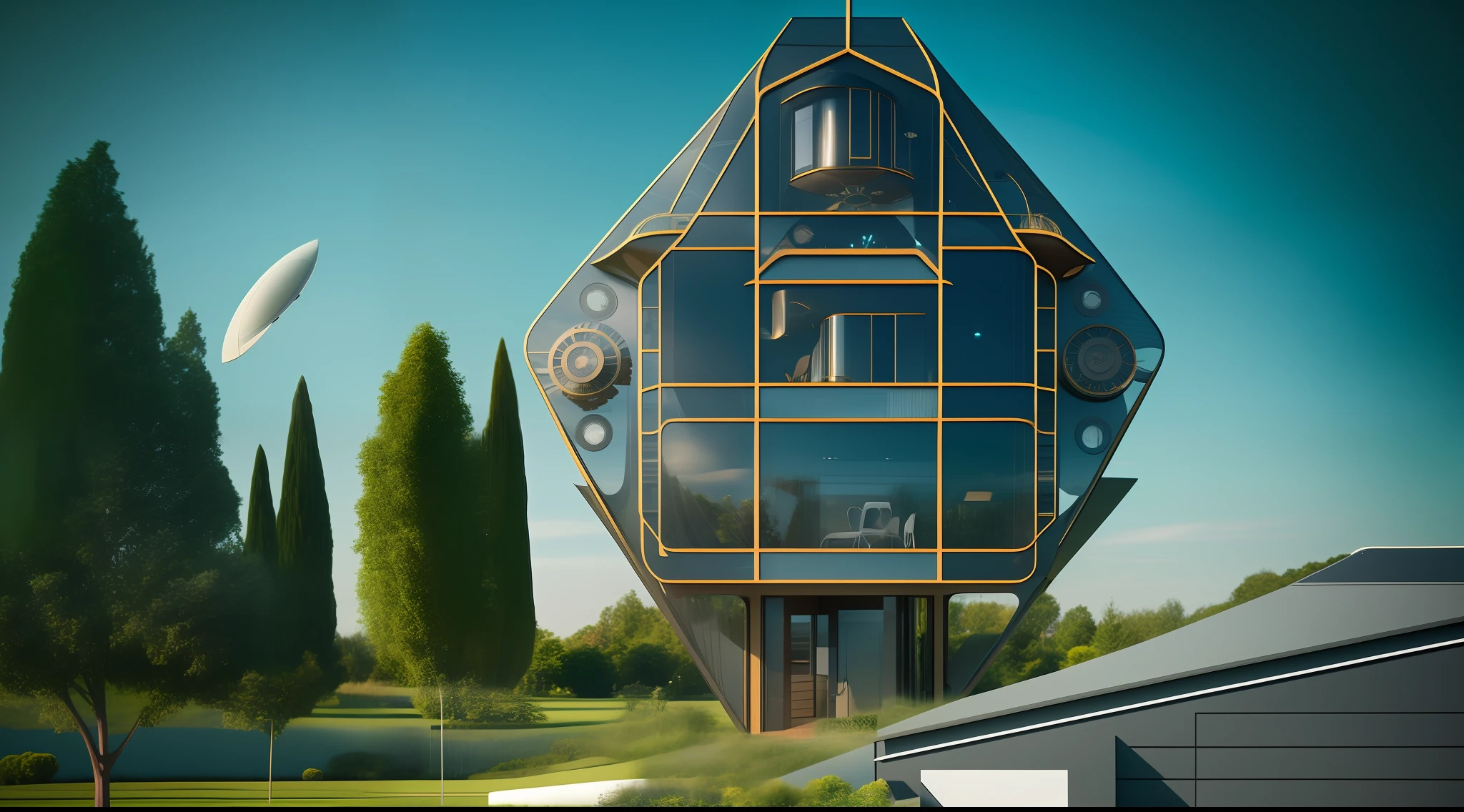 an extremely complex futuristic and advanced steampunk house, a flying vehicle in the garage, lots of technology on the walls of the house, technology decoration, normal small houses next door, green lawn, 2 sun to the sky, 200mm lens, high quality, high definition, uhd, severe low lighting, sharp focus, fine composition, super detailed, best quality.