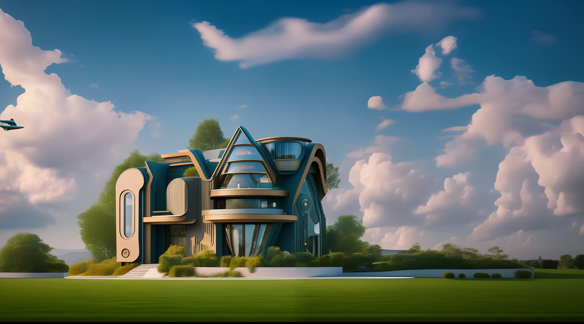 an extremely complex futuristic and advanced steampunk house, a flying vehicle in the garage, lots of technology on the walls of the house, technology decoration, normal small houses next door, green lawn, 2 sun to the sky, 200mm lens, high quality, high definition, uhd, severe low lighting, sharp focus, fine composition, super detailed, best quality.