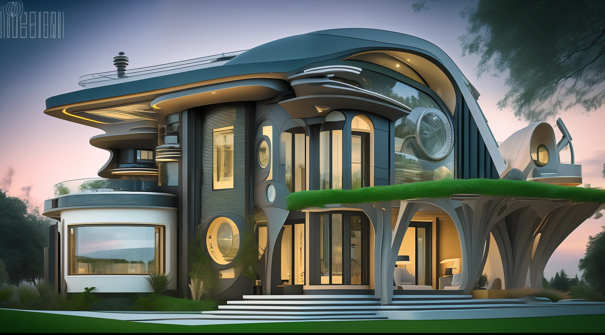 an extremely complex futuristic and advanced steampunk house, a flying vehicle in the garage, lots of technology on the walls of the house, technology decoration, normal small houses next door, green lawn, 2 sun to the sky, 200mm lens, high quality, high definition, uhd, severe low lighting, sharp focus, fine composition, super detailed, best quality.