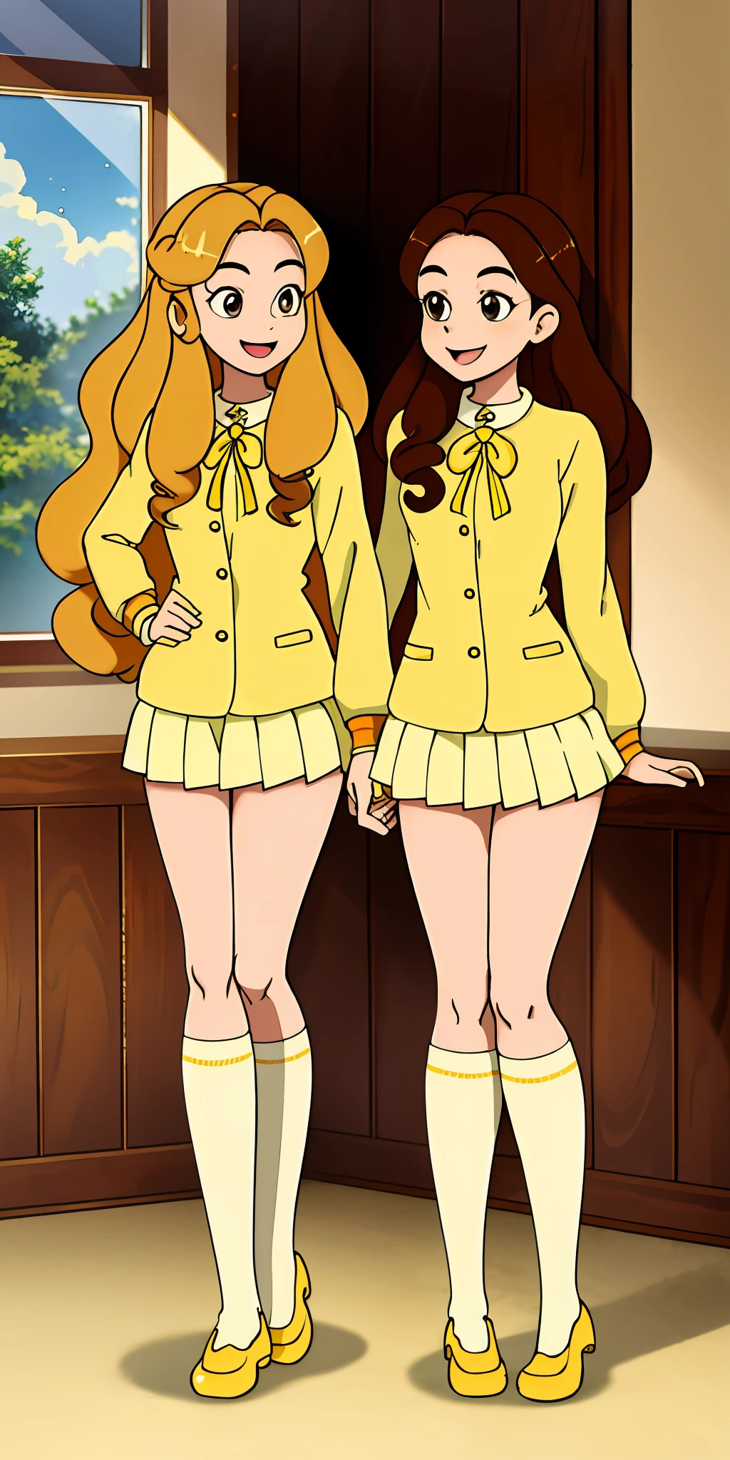 perfect anime illustration, 17 year old girls, medium breasts, 2girls, (1 blonde girl, 1 brown haired girl), twin sisters, rich girls, sexy schoolgirls, brown hair, blonde hair, curly hair, long hair, different hair colors, hazel eyes, smiling, white skin, school uniform, yellow blazer, white thigh high socks, high heels, matching outfits, highres, bedroom, full body