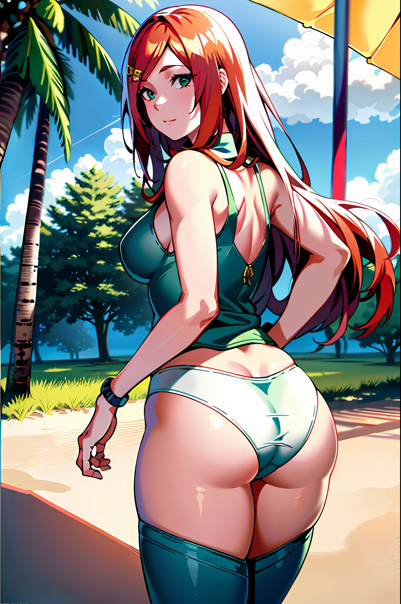 UHD, anatomically correct, textured skin, highres,high details, anatomically correct, retina,wearing white lingerie, beach , pixiv standards upscale,from behind, from outside, from below, lens flare, Ultra-Wide Angle,big ass,butt focus, show her ass,red hair,Kushina Uzumaki