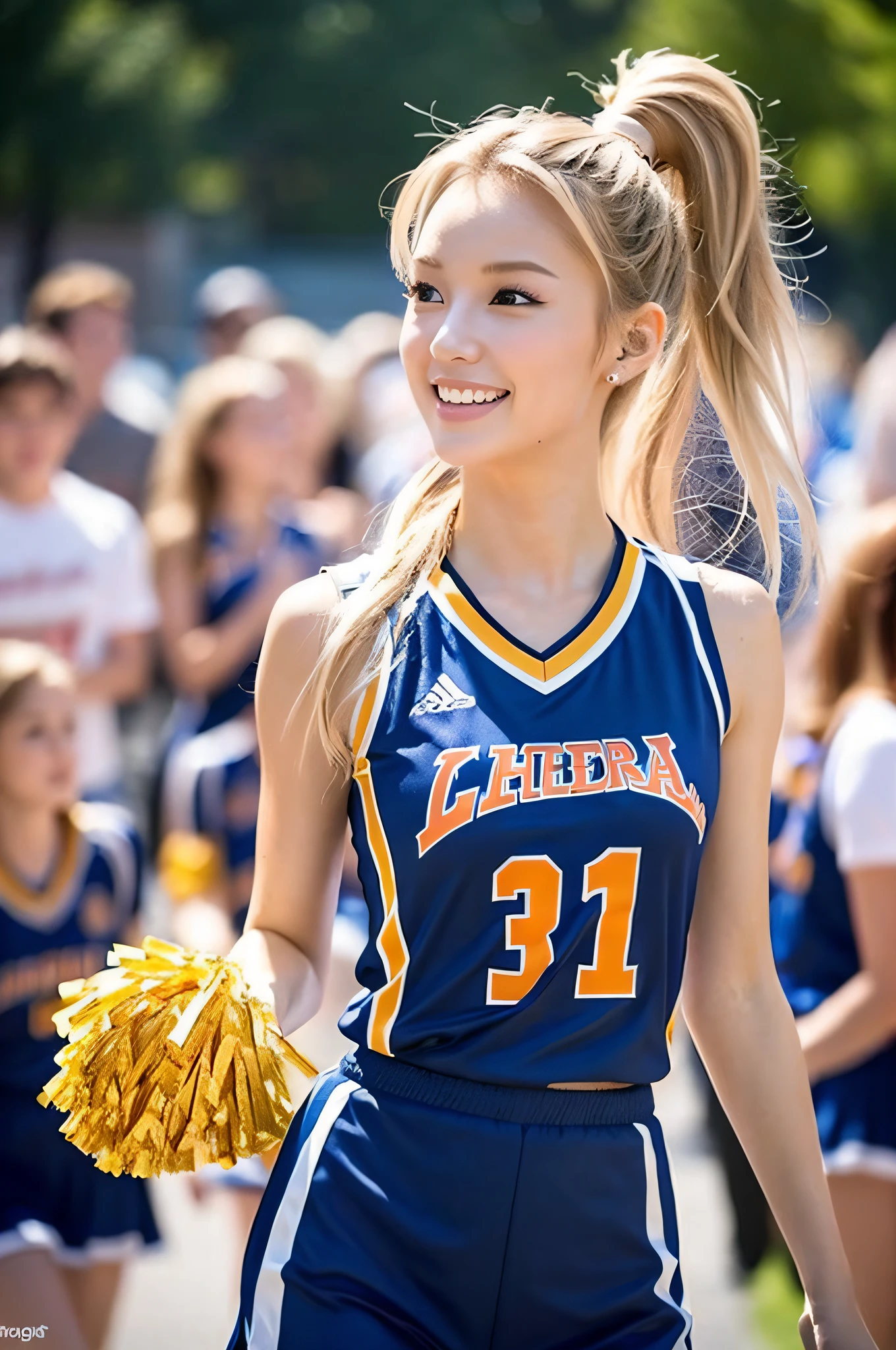(8k, highest quality, masterpiece: 1.2), ultra detail, highest quality, ultra high resolution, professional lighting, photon mapping, radiosity, physically based rendering, cinematic lighting, depth of field, focusing, sun rays, good composition, (bokeh: 1.2), 1 girl, (full body), smile, beautiful eyes, pose, constriction, blonde, ponytail, cheerleader,