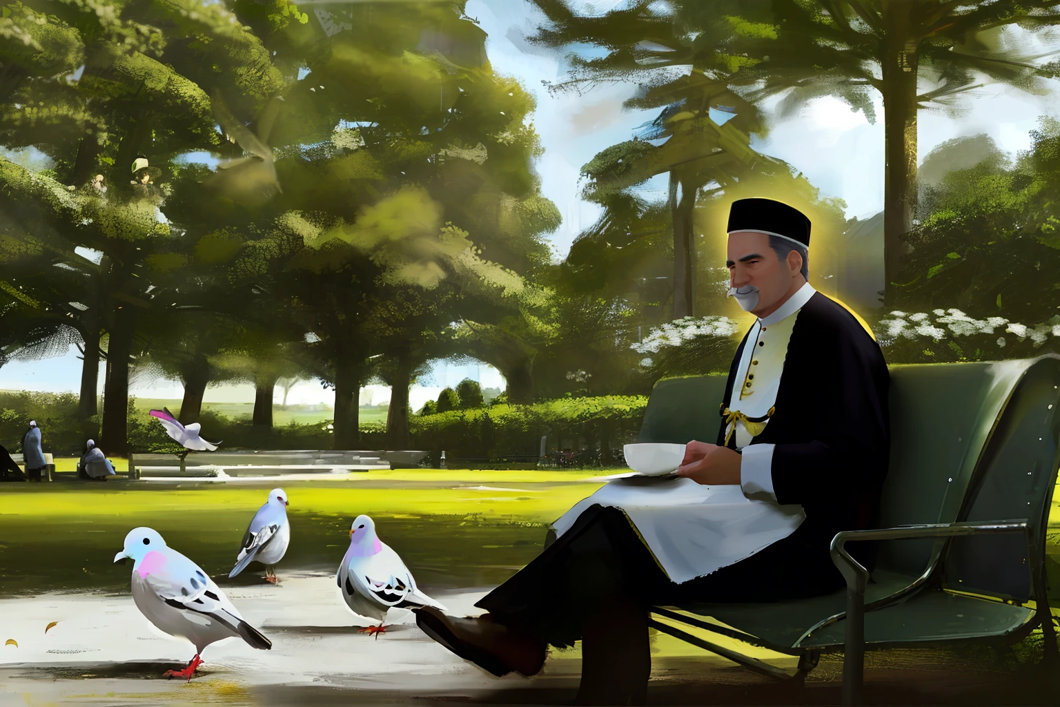 Papa Pio in a park feeding pigeons