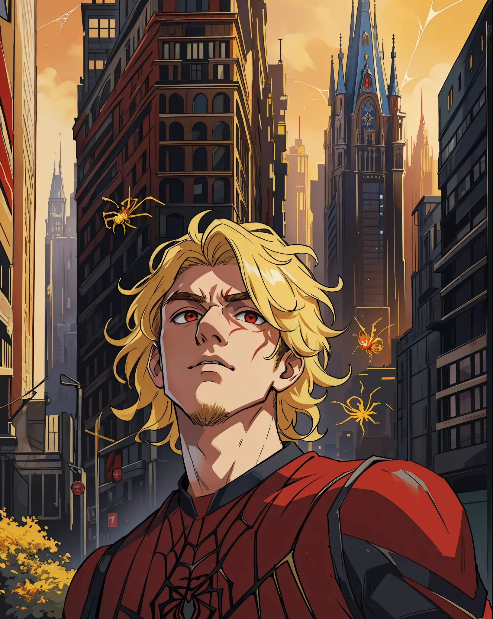 (masterpiece, best quality), intricate details, 8k, artstation, wallpaper, official art, splash art, sharp focus,
1boy, blonde hair, red eyes, hair split in half
 spider suit, spider web printing, spider web,  
skyscrapers, city, buildings, cars, street,