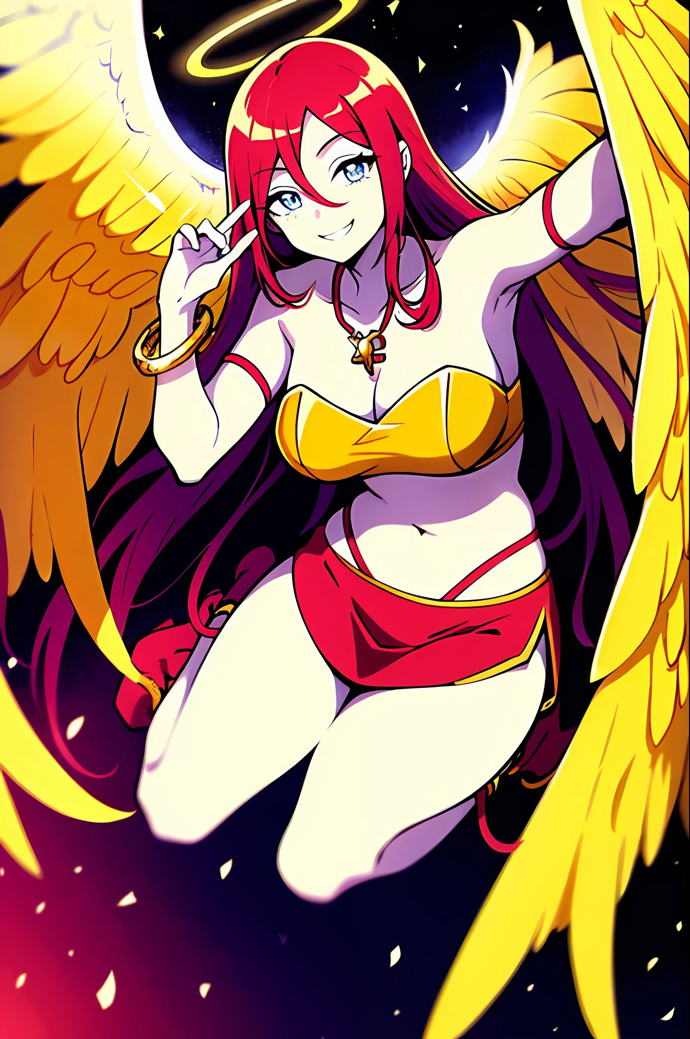 Anime girl, goddess, angel, yellow long hair, big blue eyes, ruby over her eyes, halo over her head, holding her heart, blue bracelet on her arm, ruby amulet, white big wings, against the background of yellow paradise, smiling, sweet, adult, divine, beautiful shader, saturated colors, bright colors, 4k
