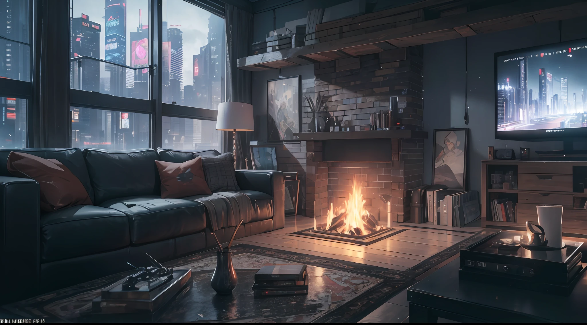 This old living room night a sofa ,a tv with transparent glass windows that illuminate the gloomy night environment, where there is a fireplace lit, offering a cozy and cozy comfort around it((best quality))((Best quality)), ((masterpiece)), (detailed: 1.4), 3D, an image of a beautiful cyberpunk woman,HDR (High Dynamic Range),Ray Tracing,NVIDIA RTX, Super-Resolution,Unreal 5,Subsurface Dispersion, PBR Texture, Post-processing, Anisotropic filtering, Depth of field, Maximum clarity and sharpness, Multilayer textures.