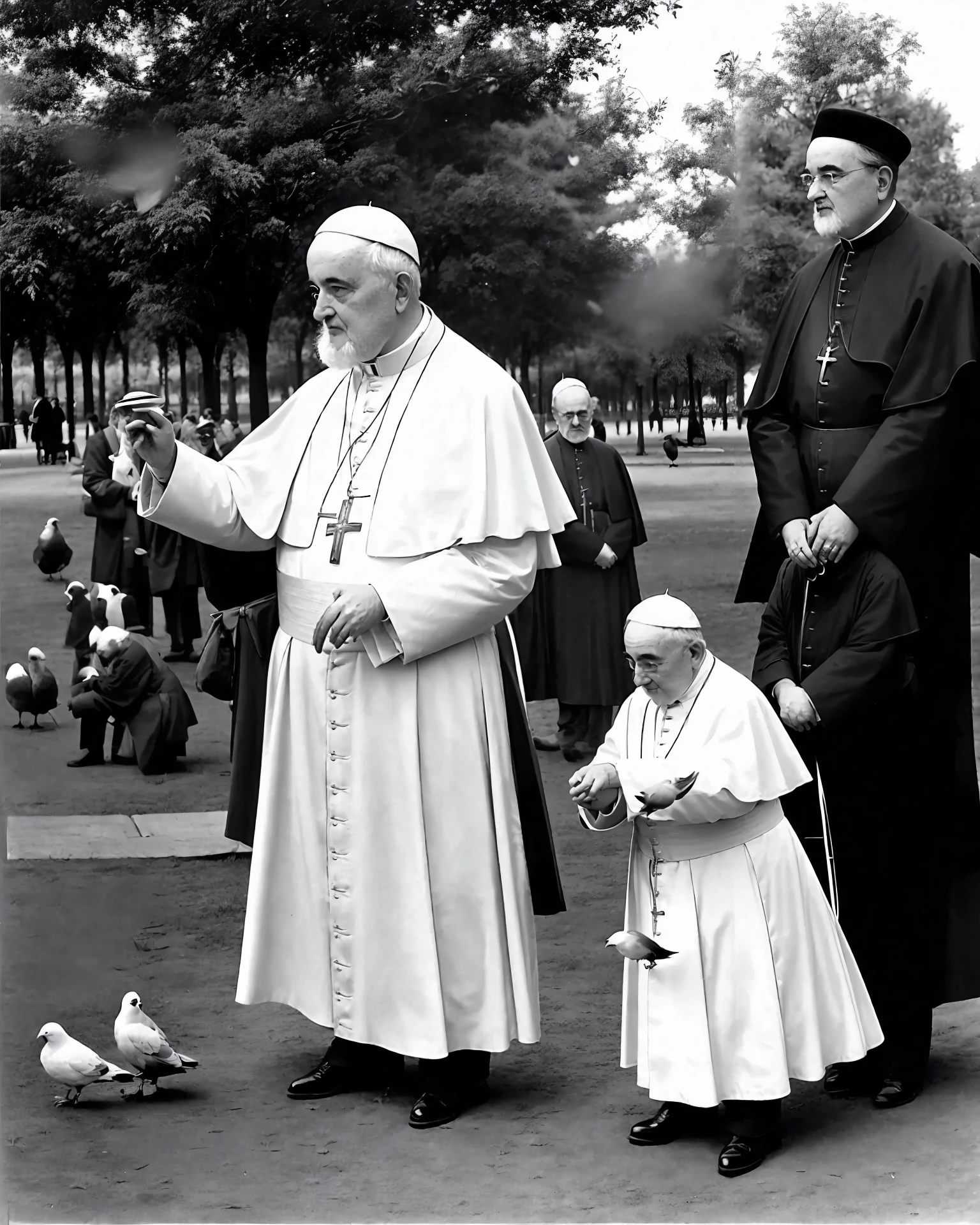Pope pio in a park feeding pigeons, photography, black and white