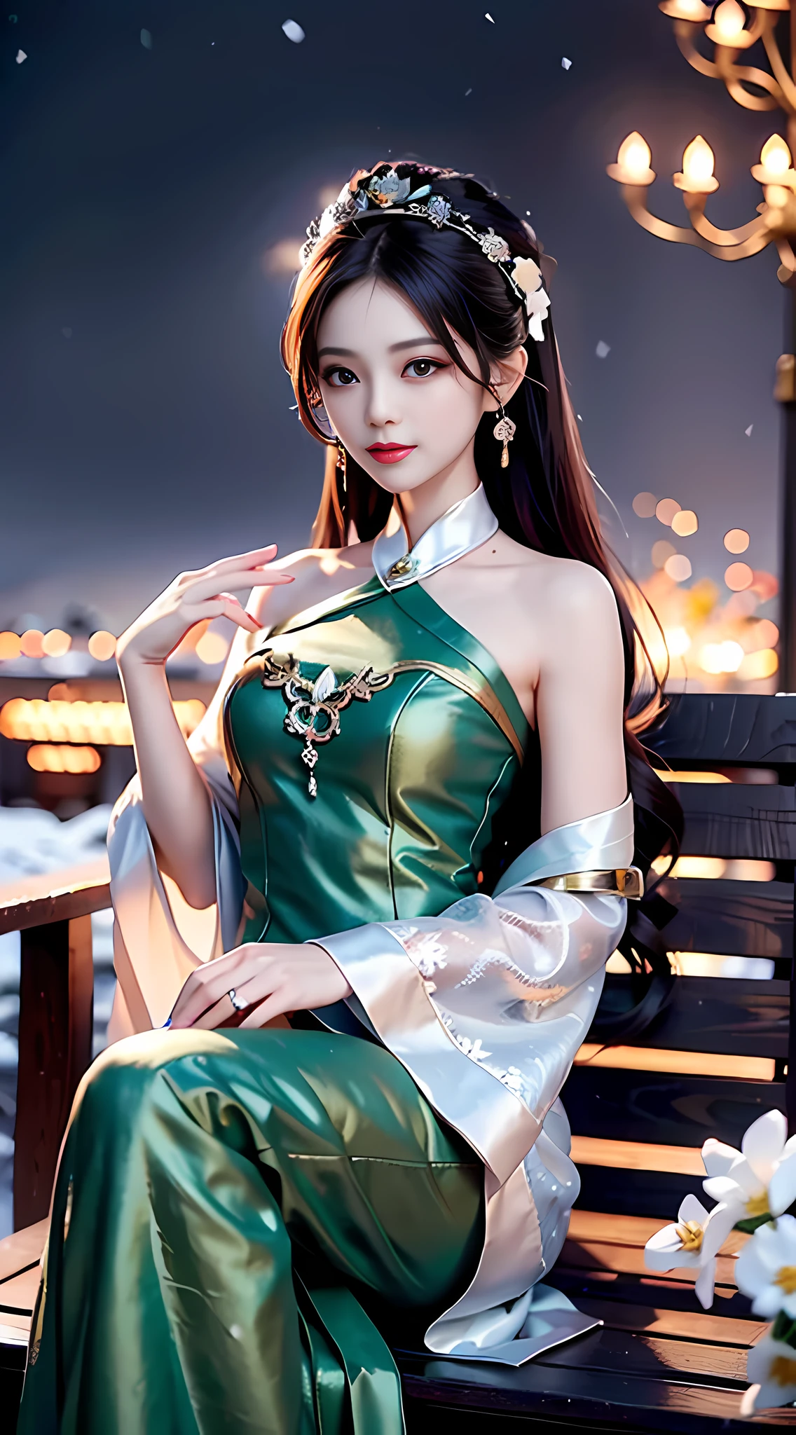 A beautiful and charming woman, leaning alone on a bench, under the light of the fire, her complexion is crystal clear like jade, like a crescent moon, like flowers and trees piled up with snow. When it is tactful, it is glamorous.