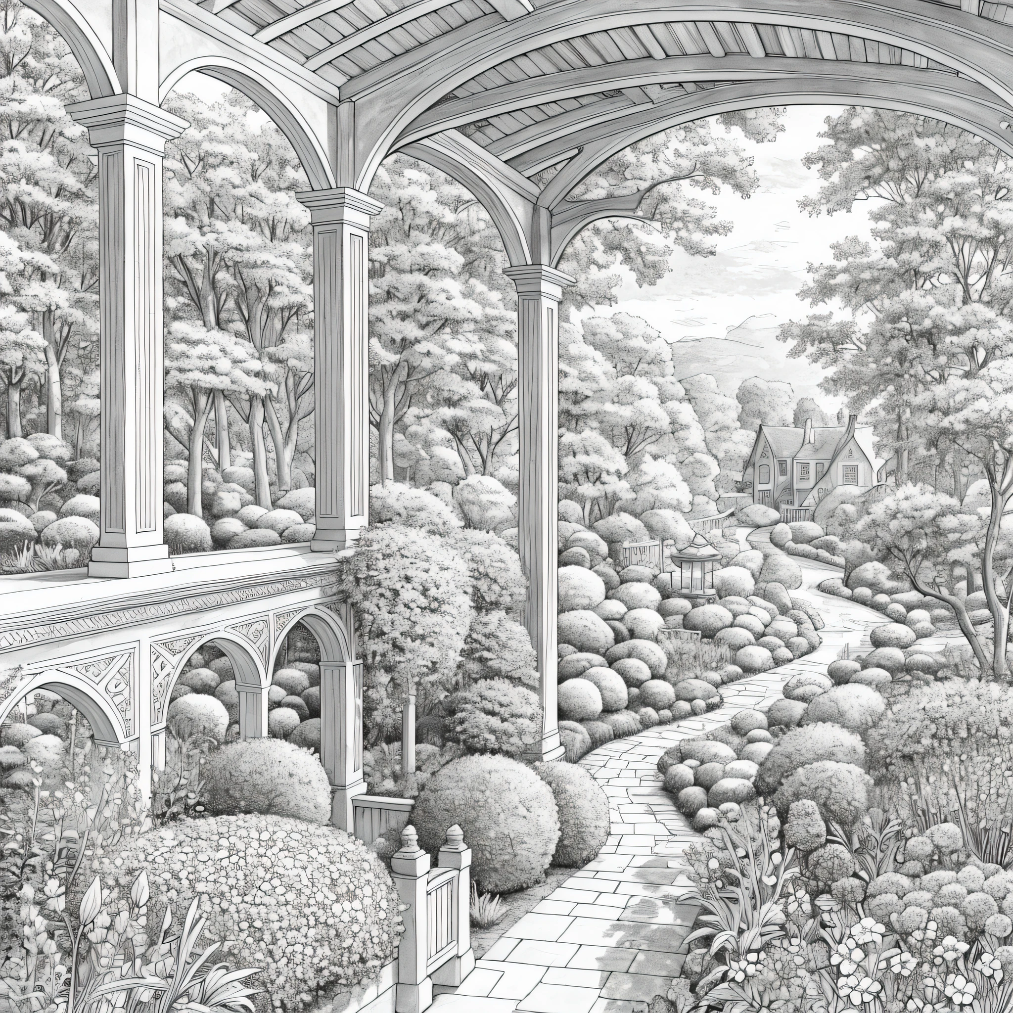 Garden coloring page garden coloring pages, in the style of light beige and silver, romantic landscape, Bloomsbury group, dotted, perceptive, enchanting, ilforf hp5