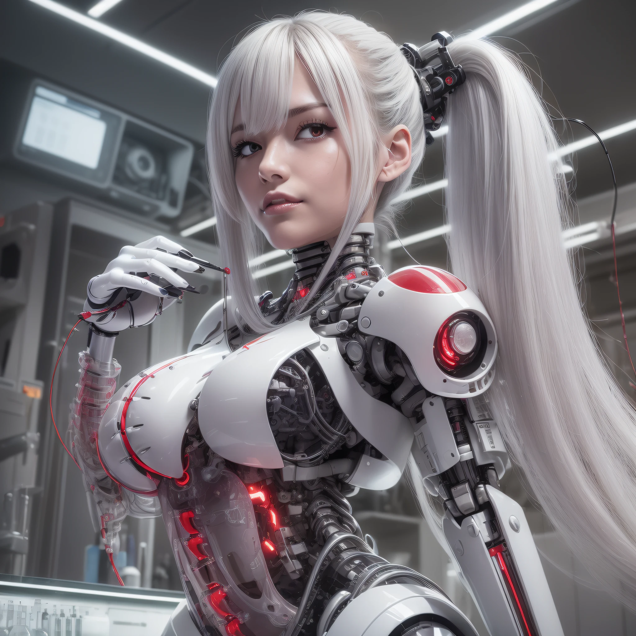 Beautiful Face,face is Japan, 1 Female, Big, Curvaceous, Top Quality, Masterpiece, Ultra Detailed, (Tube Attached Blood Vessel)((Bikini Cyborg Robot Parts)))), (Light Grey Hair), Long Hair, Wavy Hair, Twin Tails, Medium Shot, (((Seductive Smile)), (Black Eyes), Princess Cut,From Below, (whole body ),posing,,in the laboratory,( blood vessel connected to a tube),((mechanical vertebrae attached to the back)),((mechanical neck attached to the neck)),(wire cable attached to the head and body),(character focus),science fiction,
