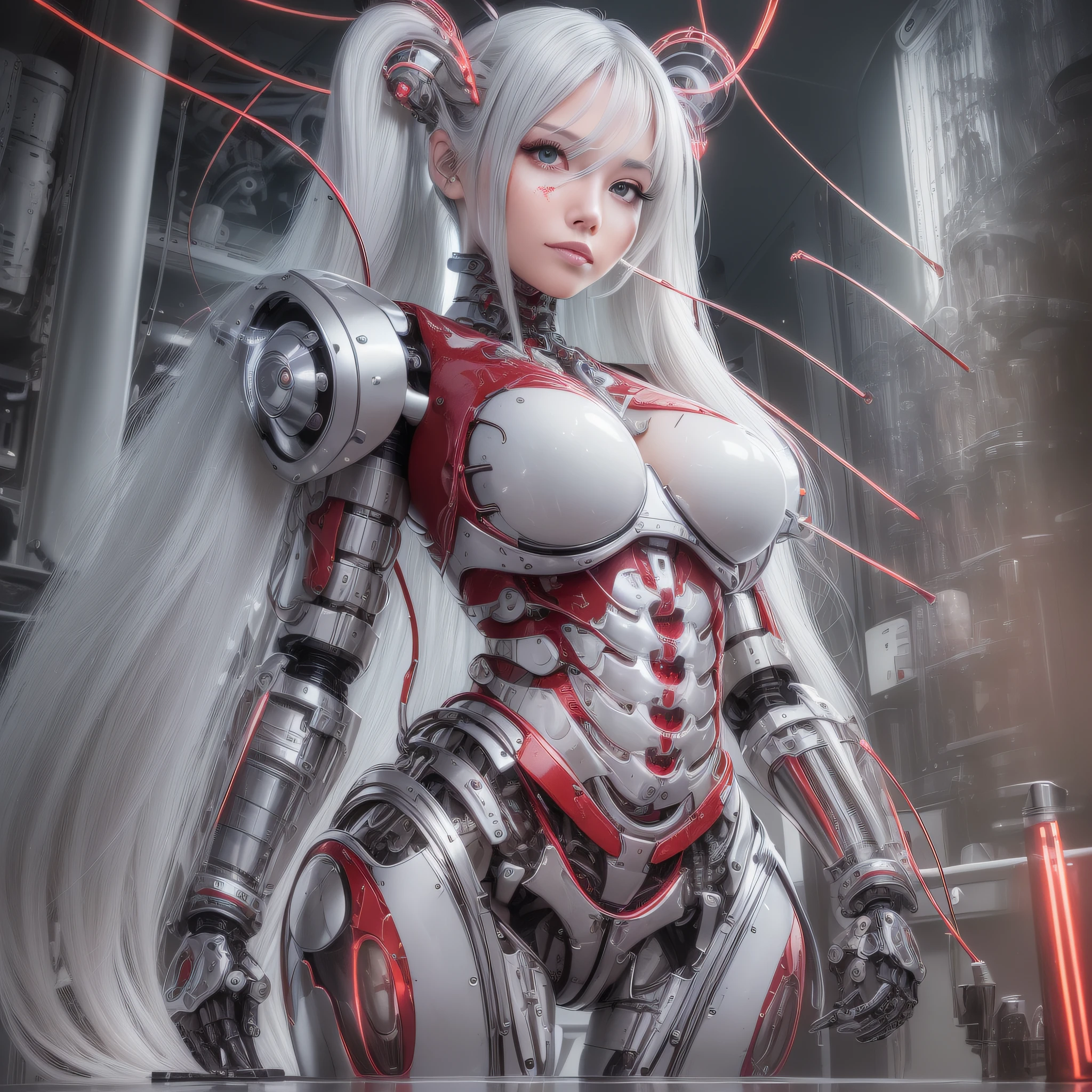 Beautiful Face,face is Japan, 1 Female, Big, Curvaceous, Top Quality, Masterpiece, Ultra Detailed, (Tube Attached Blood Vessel)((Bikini Cyborg Robot Parts)))), (Light Grey Hair), Long Hair, Wavy Hair, Twin Tails, Medium Shot, (((Seductive Smile)), (Black Eyes), Princess Cut,From Below, (whole body ),posing,,in the laboratory,( blood vessel connected to a tube),((mechanical vertebrae attached to the back)),((mechanical neck attached to the neck)),(wire cable attached to the head and body),(character focus),science fiction,