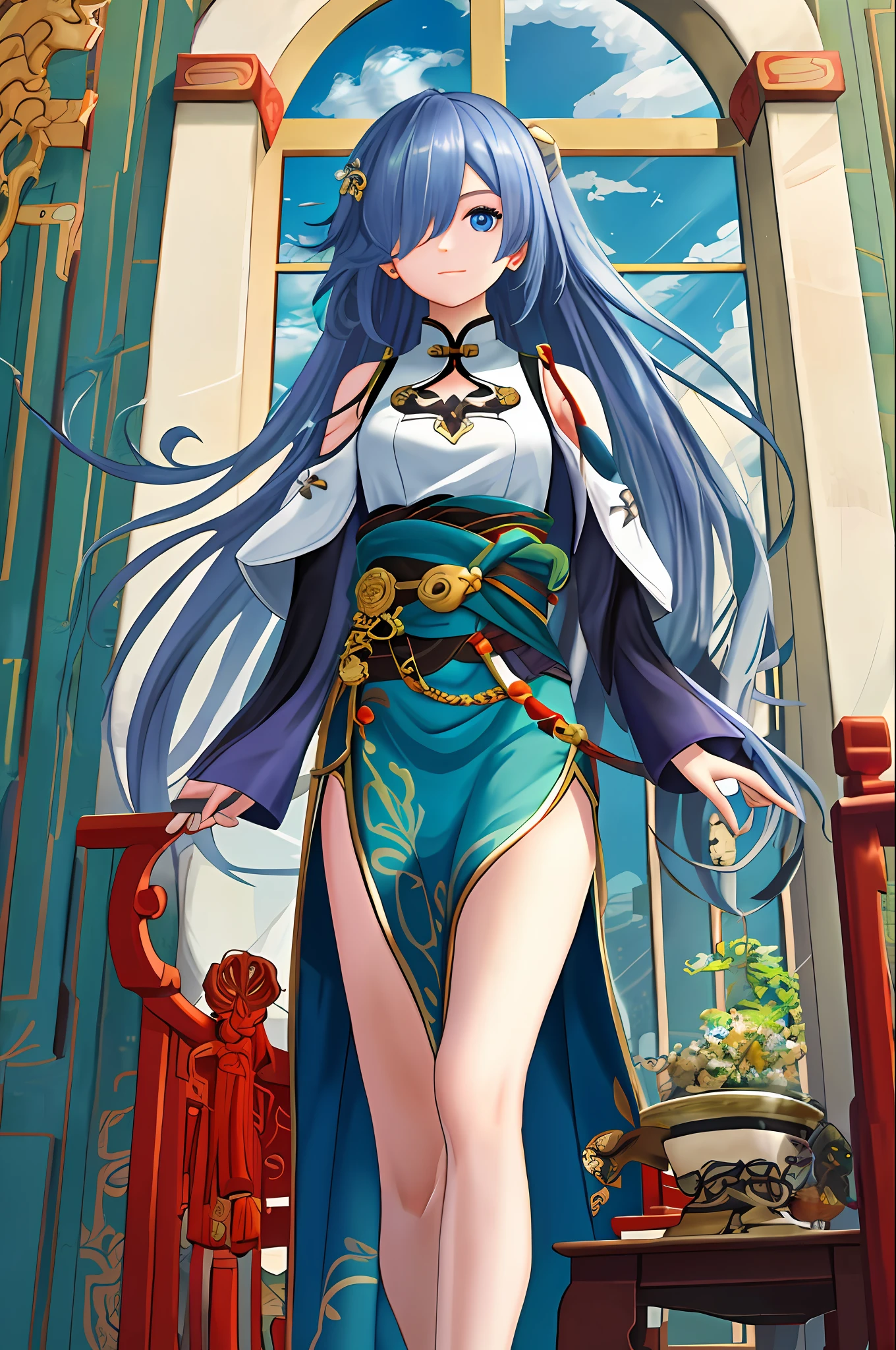 masterpiece,best quality,Azure_Empyrea,solo,1girl,city,chinese building,long hair,hair over one eye,sunlight,looking at viewer, eyes visible through hair, 9:16,