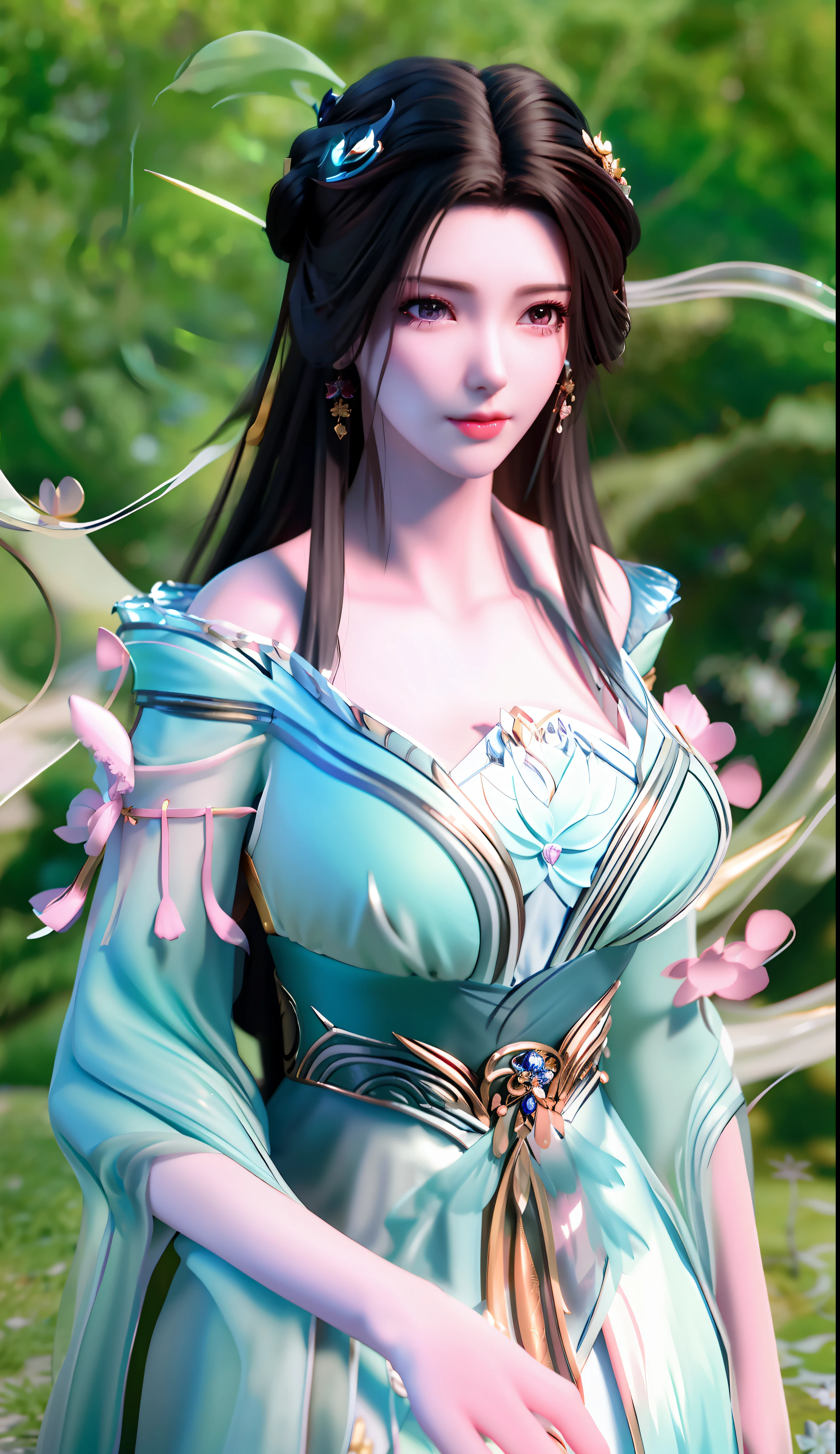 blurred background, highest quality, close-up of a woman, perfect face, perfect figure, alluring, charming, ultra hd, textured skin, super detail, 8k, super fine, big breasts, super breasts, divine milk, cleavage, 3DCG, 3D rendered character 8K, Cg fantasy, CGSTATION, anime, surrealism, semi-nude, translucent, royal sister, human wife, sister,
