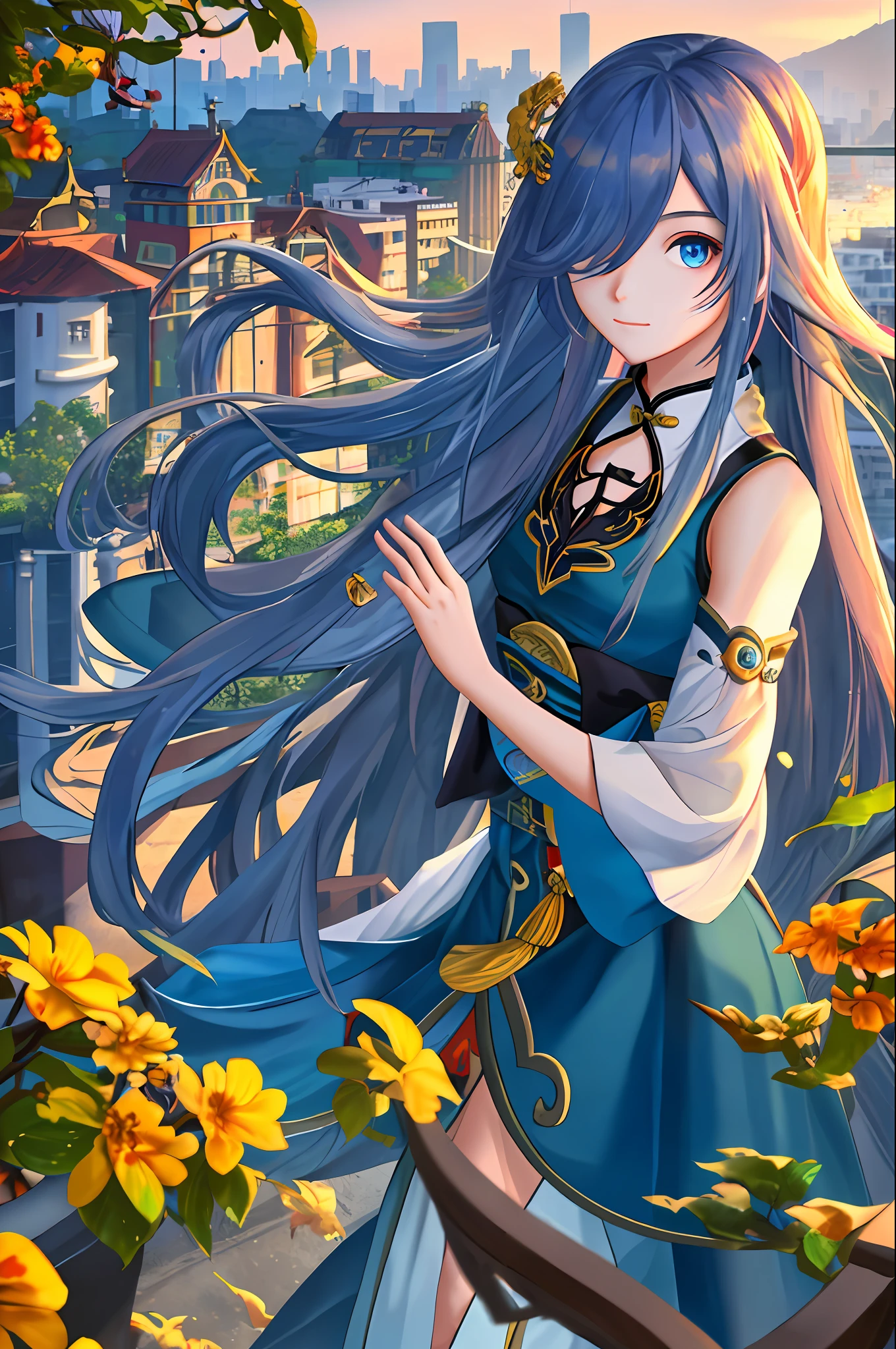 masterpiece,best quality,Azure_Empyrea,solo,1girl,city,chinese building,long hair,hair over one eye,sunlight,looking at viewer, eyes visible through hair, 9:16,