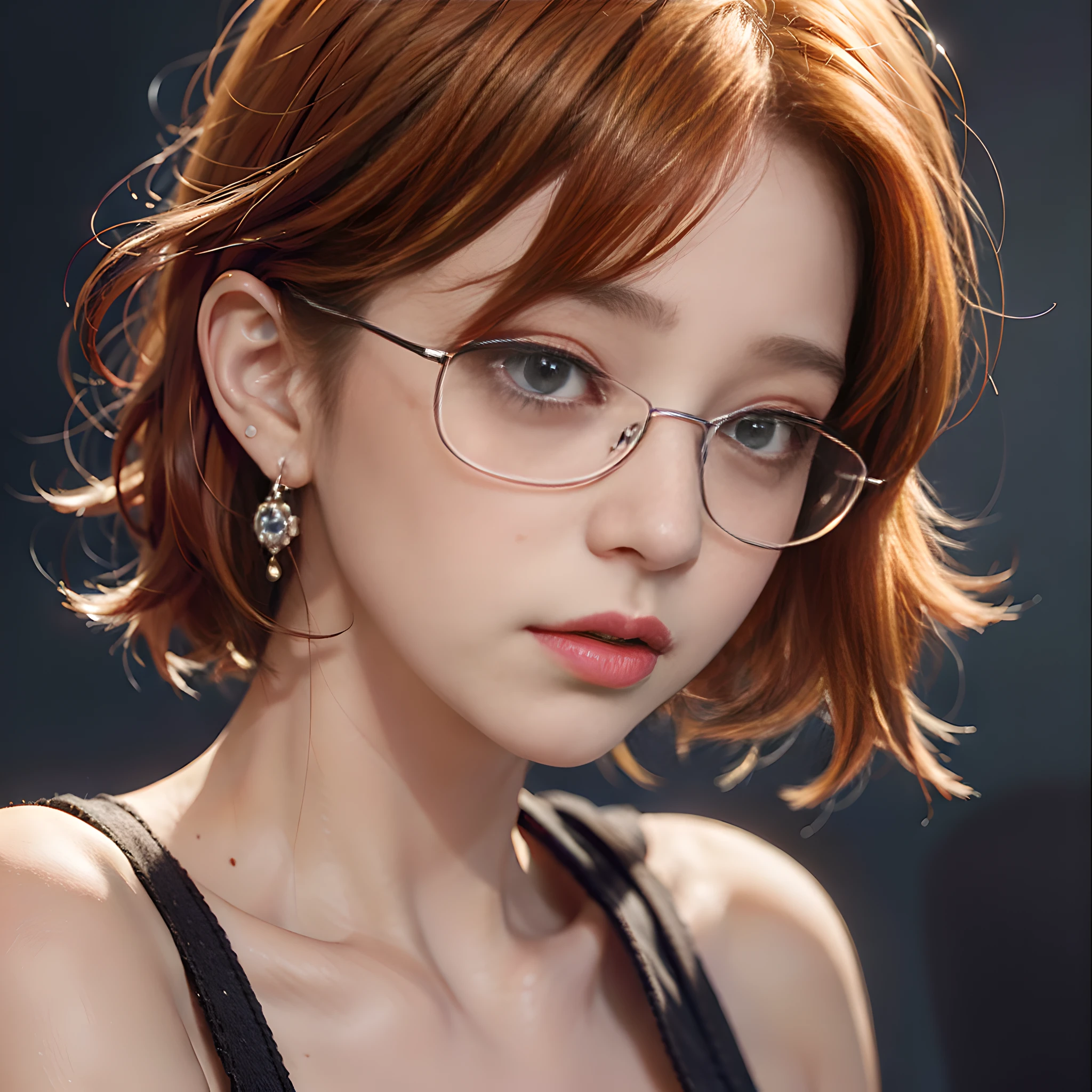 Portrait of a jovial brazilian girl, beautiful, with a delicate nose, small but beautiful lips with blood-red lipstick, detailed and curious eyes whose pupil varies in various colors, glasses, earrings in the perfect ears, bangs, (orange hair: 2.6 ), (bob cut: 1.5), expression of a sad girl, masterpiece, 16k, hyper realism, (sadness: 2.0), (crying: 1.1), (tears: 1.2)