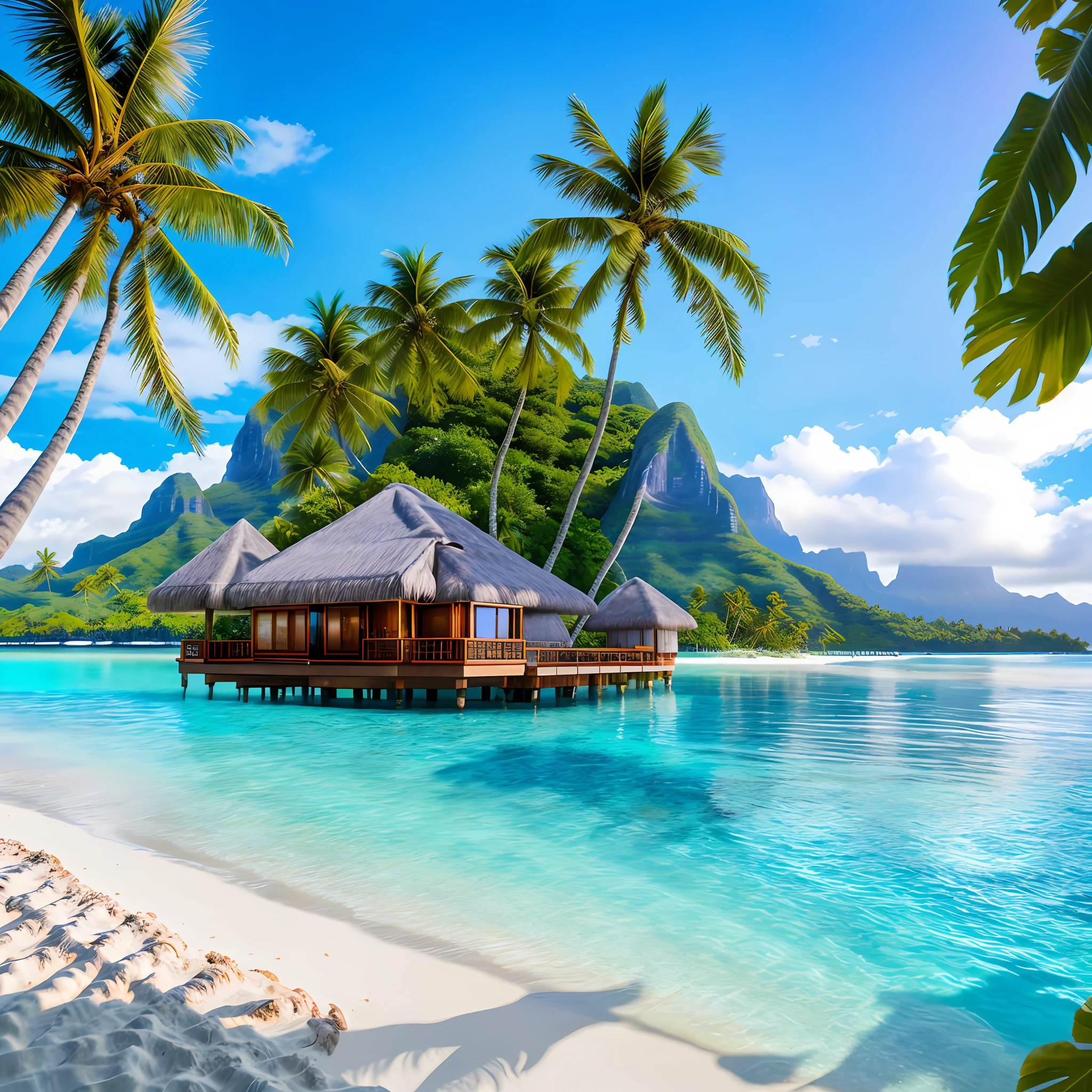 Tropical beach, A luxurious bungalow over the sea, mountain, tropical beach, Bora Bora, coconut trees, masterpiece, 8k, boat