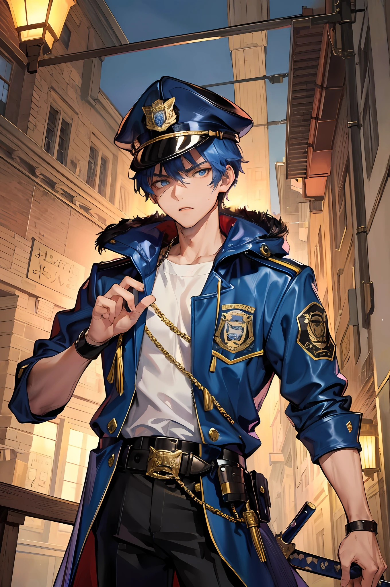 enforcer, town guard, masterpiece, best quality, super detailed, illustration, super detailed face, best face, town in, arrogant expression, , teenager, 1boy, shota, little boy, us expression, police uniform, police cap, law enforcement, iron sword, slender, coat of arms, healthy skin, scar, hood, lantern, belt with dagger, intricate detail outfit