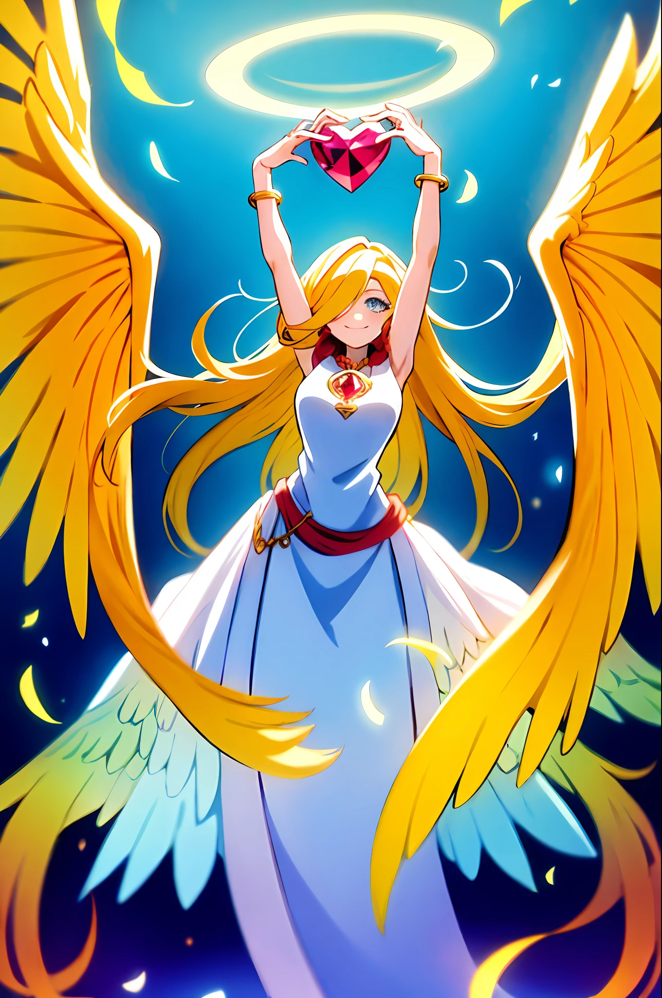 Anime girl, goddess, angel, yellow long hair, big blue eyes, ruby over her eyes, halo over her head, holding her heart, blue bracelet on her arm, ruby amulet, white big wings, against the background of yellow paradise, smiling, sweet, adult, divine, beautiful shader, saturated colors, bright colors, 4k
