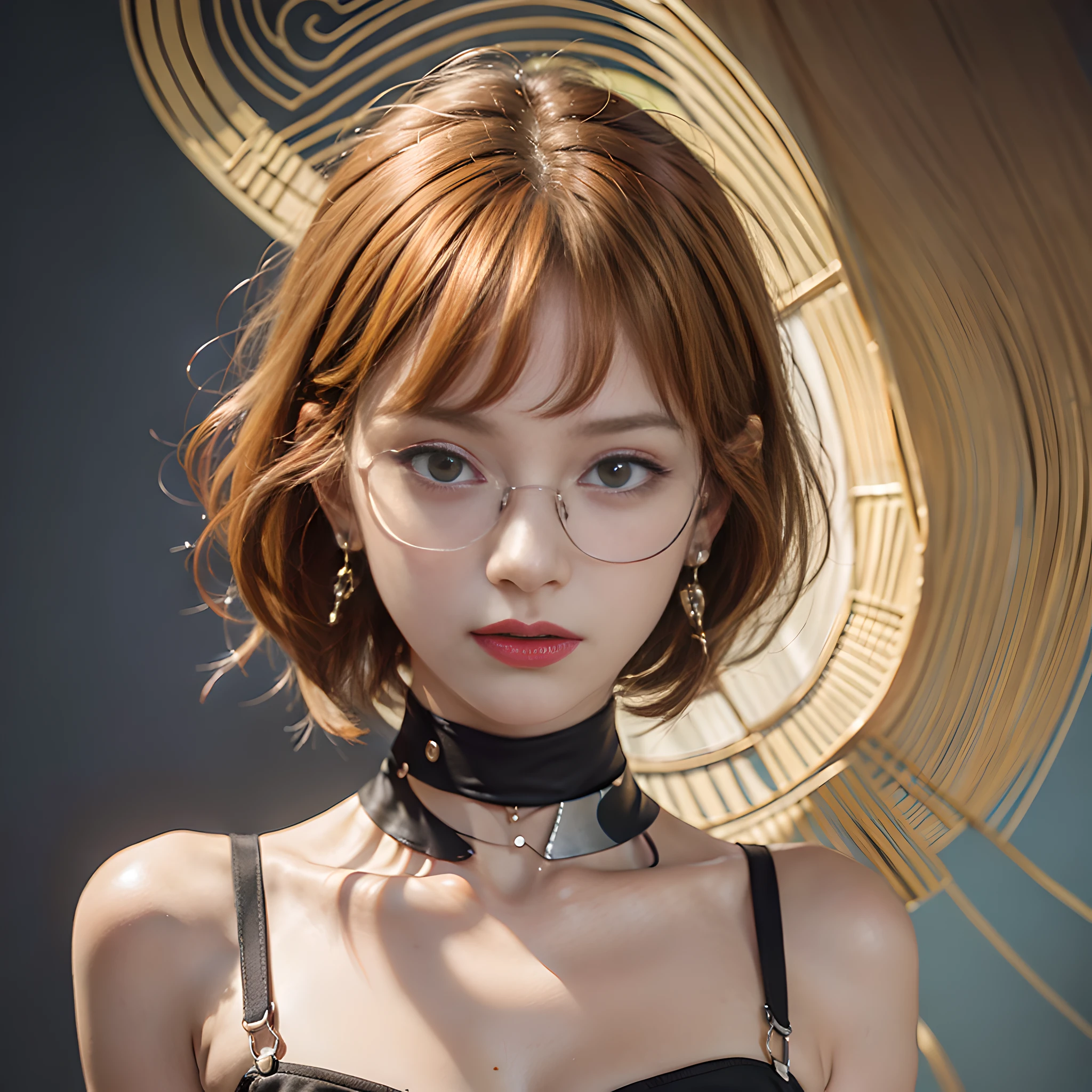 Portrait of a jovial brazilian girl, beautiful, with a delicate nose, small but beautiful lips with blood-red lipstick, detailed and curious eyes whose pupil varies in various colors, glasses, earrings in the perfect ears, bangs, (orange hair: 2.6 ), (bob cut: 1.5), expression of a sad girl, masterpiece, 16k, hyper realism, (sadness: 2.0), (crying: 1.1), (tears: 1.2)