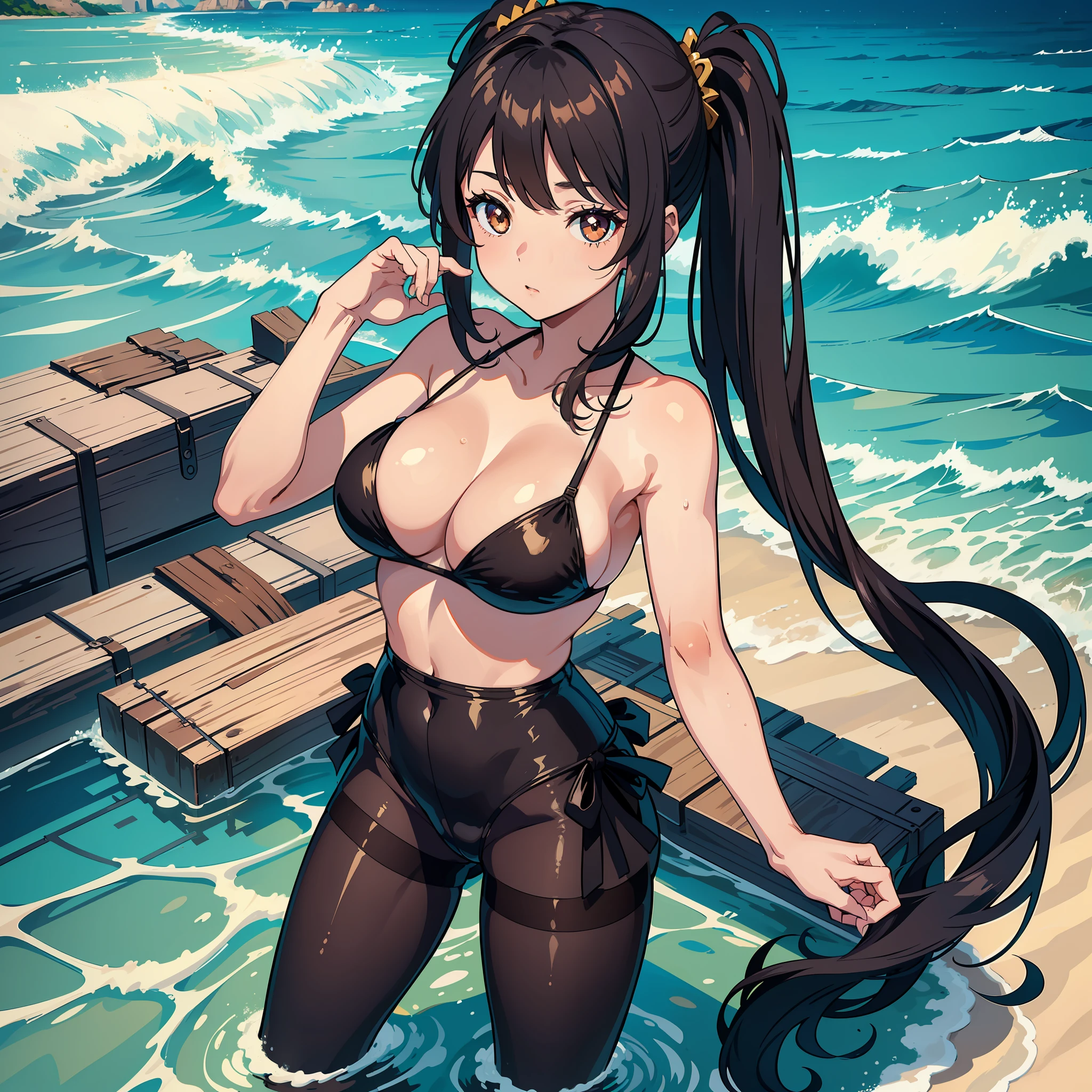 (masterpiece: 1.2, best quality), (finely detailed beautiful eyes: 1.2), a girl with twintail, brown eyes, in a black bikini and pantyhose, beach, water, large breasts, only 1 girl, age 20, black,
