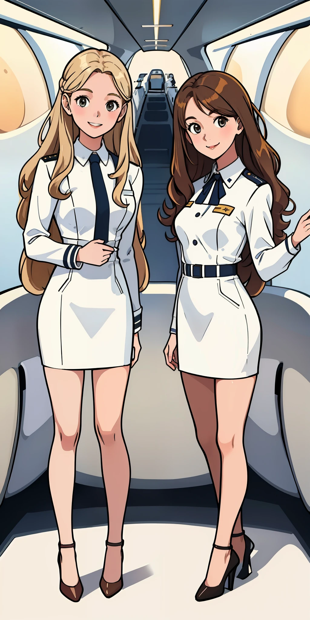 (white flight attendant uniform),looking at viewer,smiling,happy,standing, inside the airplane, medium breasts, 2girls, (1 blonde girl, 1 brown haired girl), twin sisters, brown hair, blonde hair, curly hair, long hair, different hair colors, hazel eyes, smiling, white skin, high heels, matching outfits, highres, full body