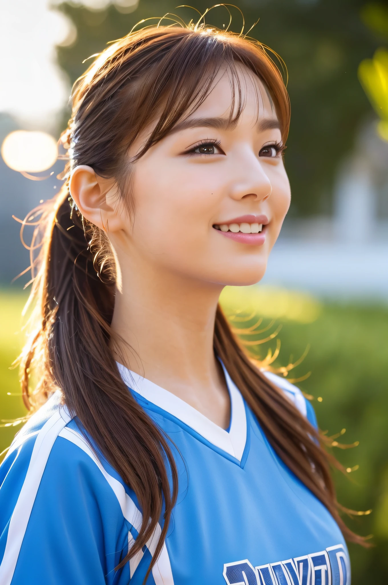 (8k, highest quality, masterpiece: 1.2), ultra detail, highest quality, ultra high resolution, professional lighting, photon mapping, radiosity, physically based rendering, cinematic lighting, depth of field, focusing, sunbeams, good composition, (bokeh: 1.2), 1 girl, (full body), smile, beautiful eyes, pose, constriction, brown hair, ponytail, cheerleader,