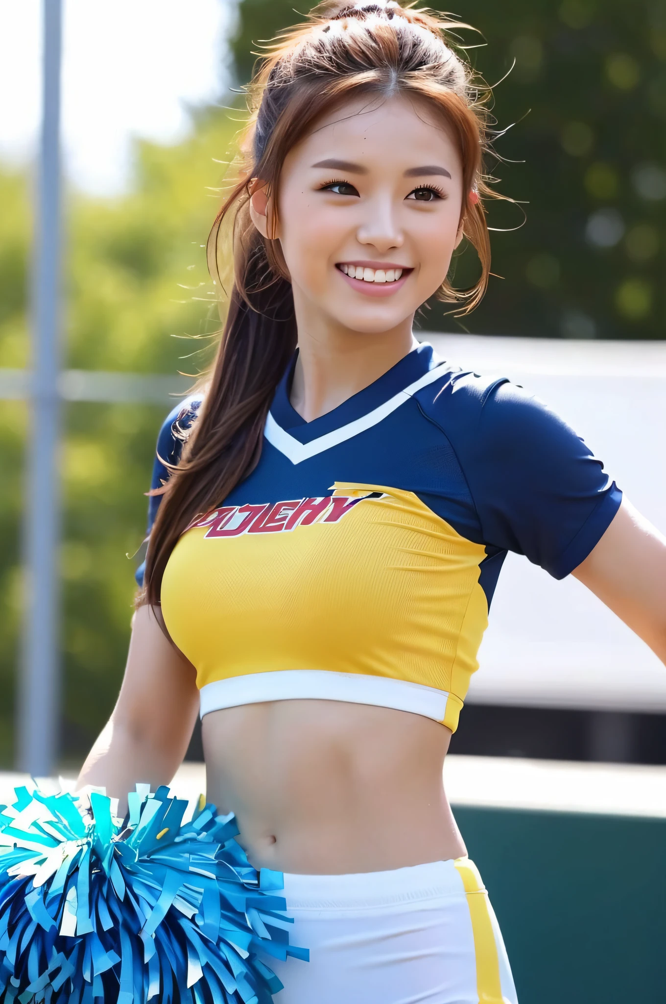 (8k, highest quality, masterpiece: 1.2), ultra detail, highest quality, ultra high resolution, professional lighting, photon mapping, radiosity, physically based rendering, cinematic lighting, depth of field, focusing, sunbeams, good composition, (bokeh: 1.2), 1 girl, (full body), smile, beautiful eyes, pose, constriction, brown hair, ponytail, cheerleader,