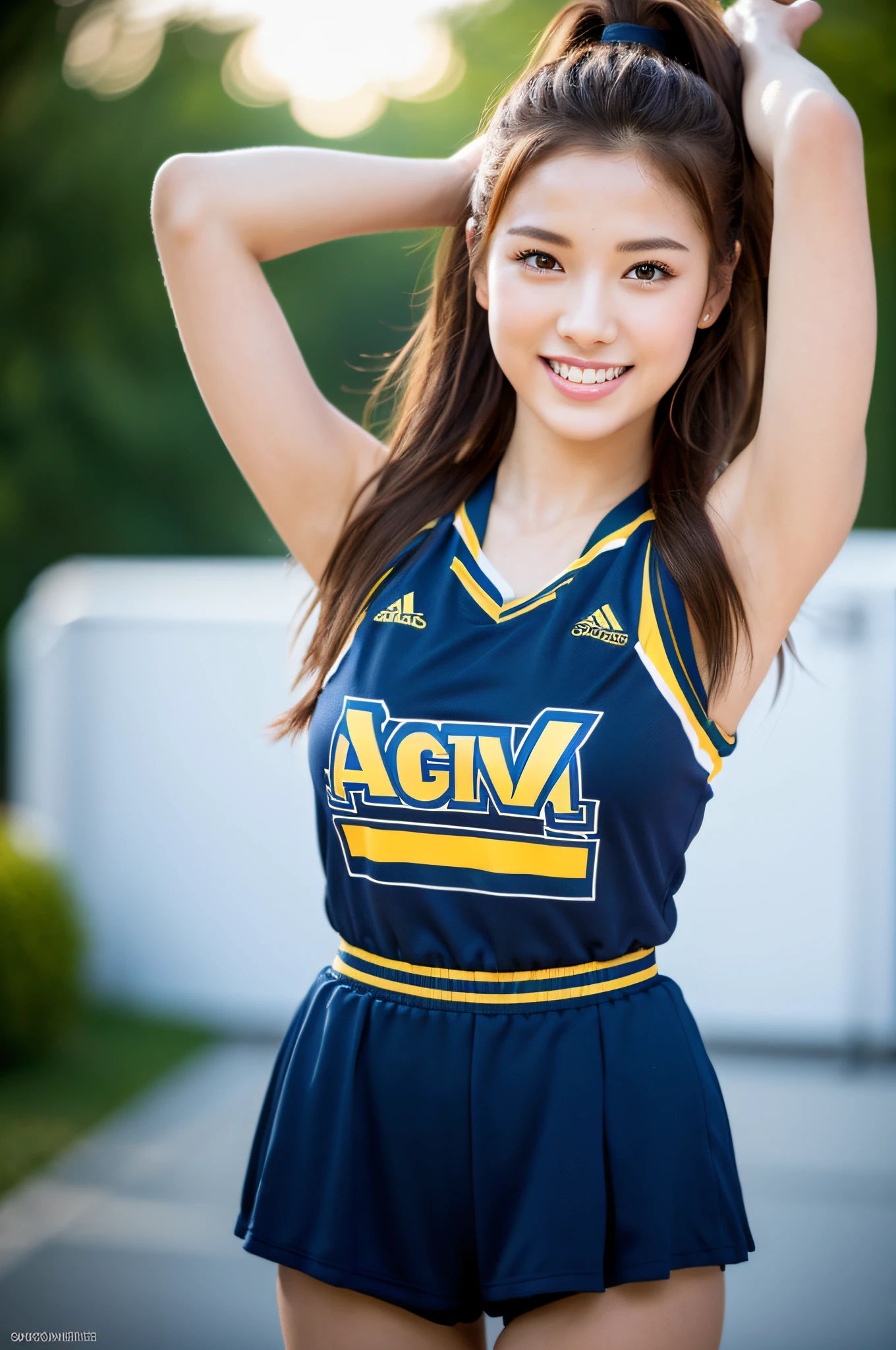 (8k, highest quality, masterpiece: 1.2), ultra detail, highest quality, ultra high resolution, professional lighting, photon mapping, radiosity, physically based rendering, cinematic lighting, depth of field, focusing, sunbeams, good composition, (bokeh: 1.2), 1 girl, (full body), smile, beautiful eyes, pose, constriction, brown hair, ponytail, cheerleader,