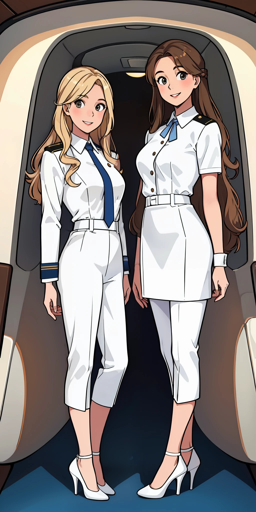 (white flight attendant uniform),looking at viewer,smiling,happy,standing, inside the airplane, medium breasts, 2girls, (1 blonde girl, 1 brown haired girl), twin sisters, brown hair, blonde hair, curly hair, long hair, different hair colors, hazel eyes, smiling, white skin, high heels, matching outfits, highres, full body