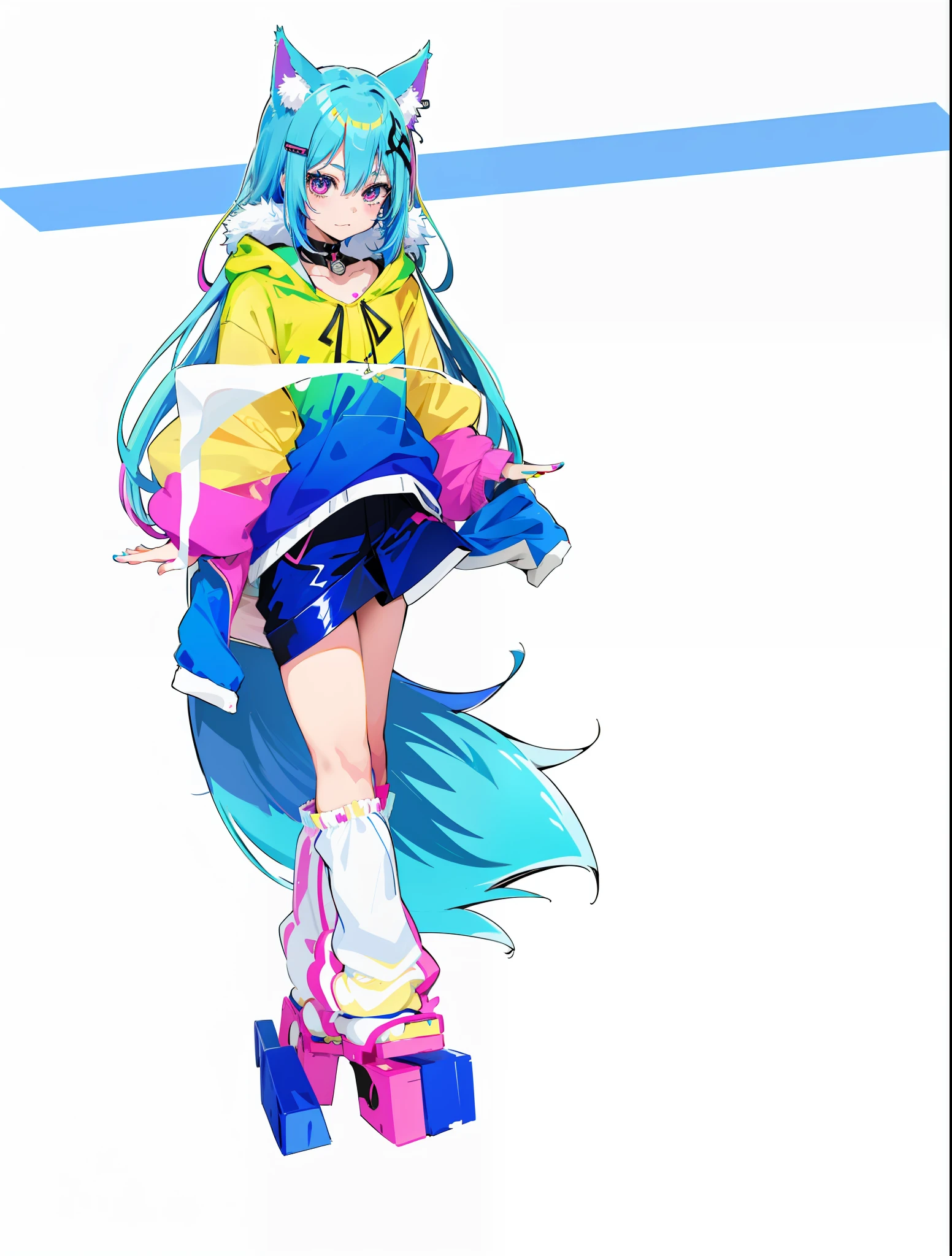 anime girl with blue hair and a cat ears sitting on a chair, hyper colorful, 2 d anime style, colorful! character design, vivid color.digital 2d, vocaloid, colorful]”, rainbowcore, neon hooves, colorful!!, full_body!!, anime colours, auroracore, yellow and blue and cyan, shiny colorful, colorful!!!