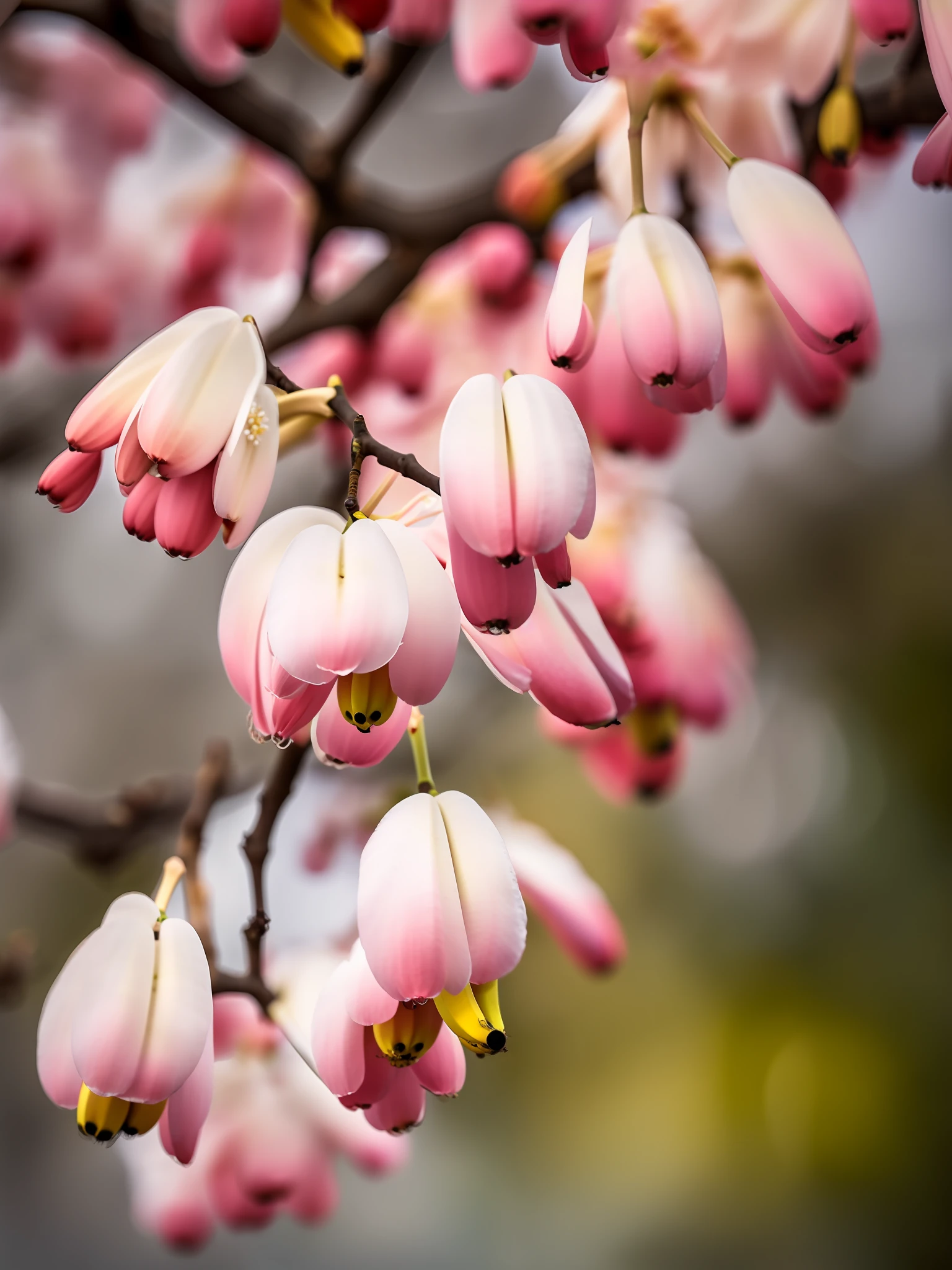 Banana shawl on a branch near white cherry blossoms, dark, dawn, (cold morning: 1.1), (morning dew: 1.15), realistic photography, (discreet photography: 1.2), detailed, 8k, intricate bristling feathers, water drops on feathers, (to8contrast style), (mist: 0.7), vivid colors, Sony a6600 Mirrorless Camera, embellish2