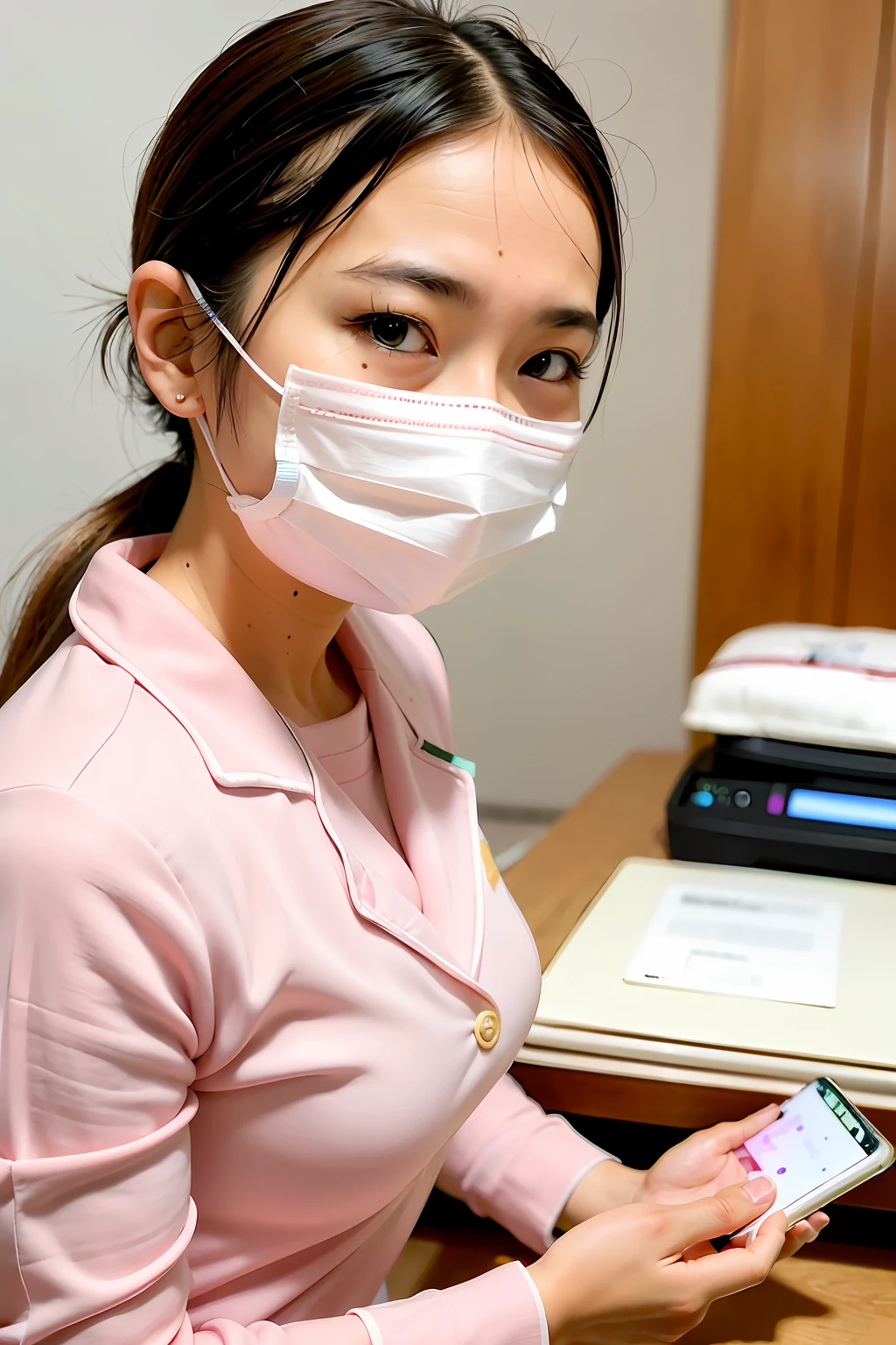 best quality, masterpiece, realistic, RAW photo, lighting, beautiful (small face:1.2) focus, dynamic angle, pink (nurse uniform:1.3), japanse cute woman, chair, infirmary, (holding tablet pc:1.2), pumps, large breasts, (smile eyes:1.2), (hospital receptionist:1.3), hair elastic, hospital, ponytail, white mouth mask,