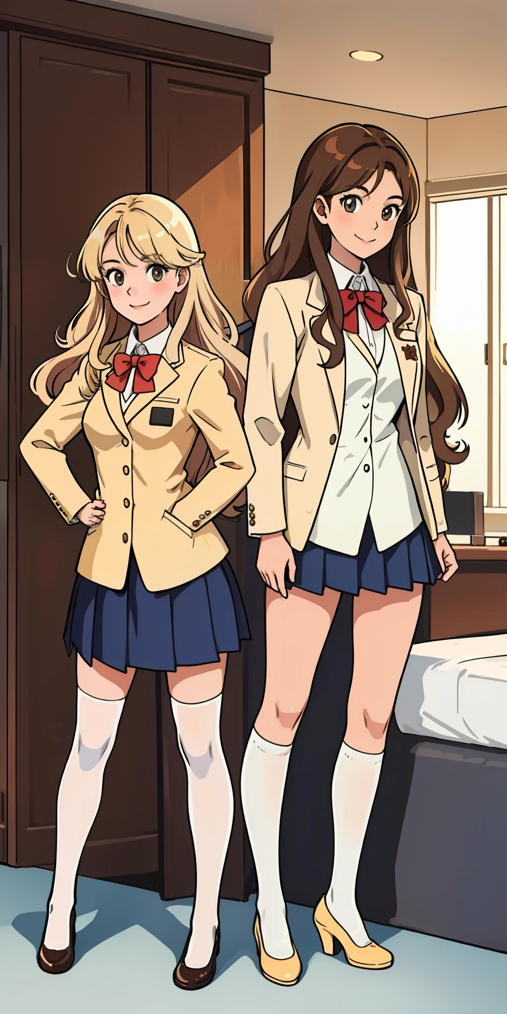 perfect anime illustration, 17 year old girls, medium breasts, 2girls, (1 blonde girl, 1 brown haired girl), twin sisters, rich girls, sexy schoolgirls, brown hair, blonde hair, curly hair, long hair, different hair colors, hazel eyes, smiling, white skin, school uniform, blazer, white thigh high socks, high heels, matching outfits, highres, bedroom, full body