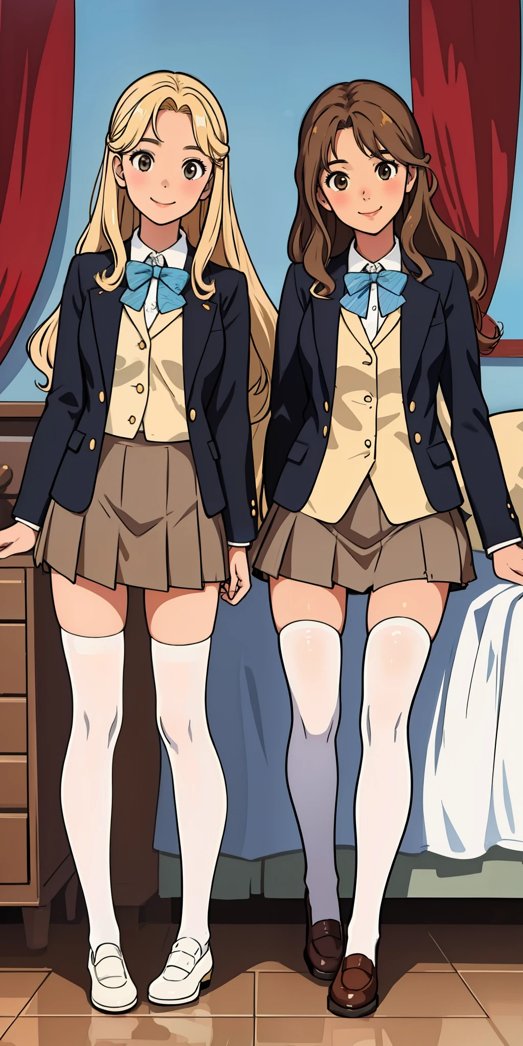 perfect anime illustration, 17 year old girls, medium breasts, 2girls, (1 blonde girl, 1 brown haired girl), twin sisters, rich girls, sexy schoolgirls, brown hair, blonde hair, curly hair, long hair, different hair colors, hazel eyes, smiling, white skin, school uniform, blazer, white thigh high socks, high heels, matching outfits, highres, bedroom, full body