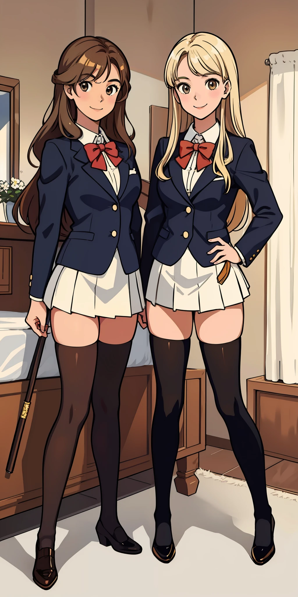 perfect anime illustration, girls, medium breasts, 2girls, (1 blonde girl, 1 brown haired girl), twin sisters, rich girls, sexy schoolgirls, brown hair, blonde hair, curly hair, long hair, different hair colors, hazel eyes, smiling, white skin, school uniform, blazer, white thigh high socks, high heels, matching outfits, highres, bedroom, full body