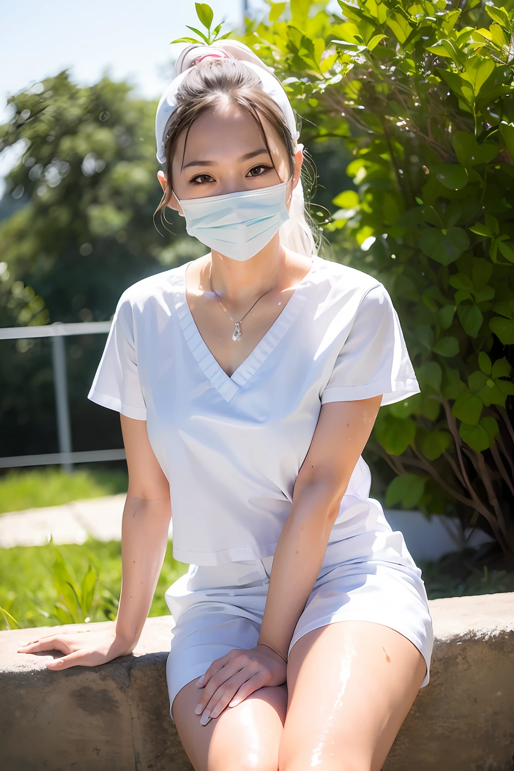 best quality, masterpiece, ultra high res, 8K, raw, (photo realistic:1.4), professional lighting, sharp focus, 1 girl, (detailed background:1.5), dental clinic, full body, slender, cute, 24yo, smile, (oily skin), (wet, sweat:1.2), (wet face, wet hair), tiny breasts, short ponytail, hospital receptionist, (pastel white nurse uniform;1.3), white mouth mask