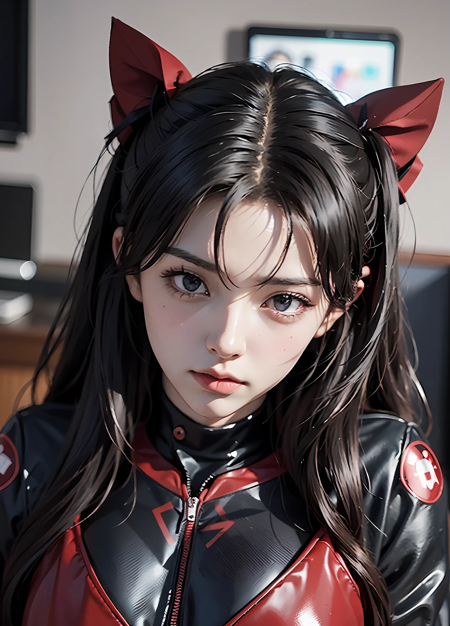Rin Tohsaka from Fate Stay Night, sexy, police officer, black and red police outfit, Japanese special forces, innovative design, perfect composition, hentai, photorealistic, anime realism, 8k, ray tracing, volumetric lighting, hyperrealism, sitting on her desk, Japanese police station, Tokyo, Ghost in the Shell, bodysuit, police bodysuit