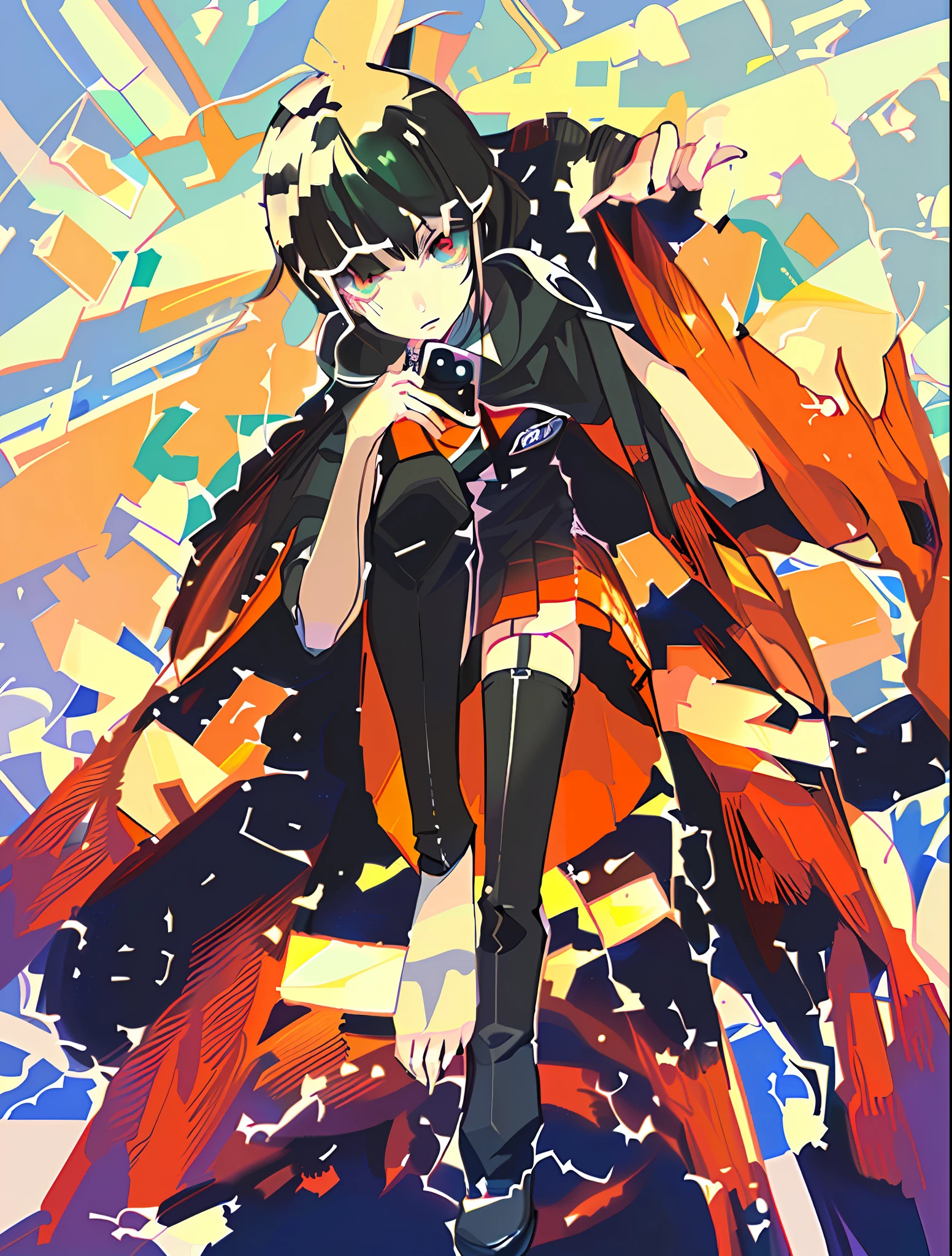 anime girl sitting on a colorful floor with a phone in her hand, digital art from danganronpa, ufotable art style, dreamy psychedelic anime, anime abstract art, digital art on pixiv, by Shingei, zerochan art, anime styled digital art, advanced digital anime art ”, digital anime art!!, anime digital art, digital anime art