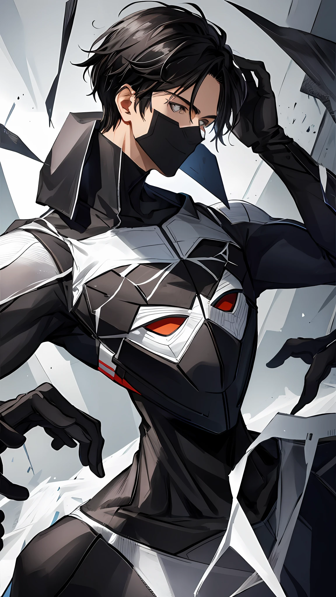 Boy, white black spider man costume, black hair, brown eyes, no mask,