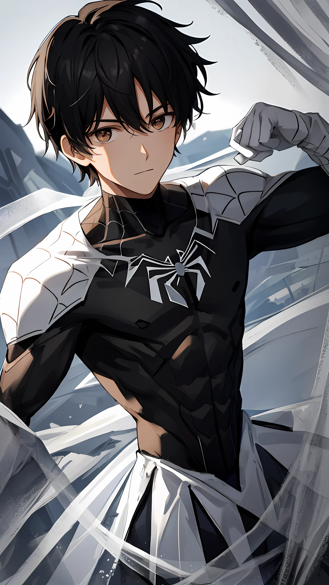 Boy, white black spider man costume, black hair, brown eyes, no mask,