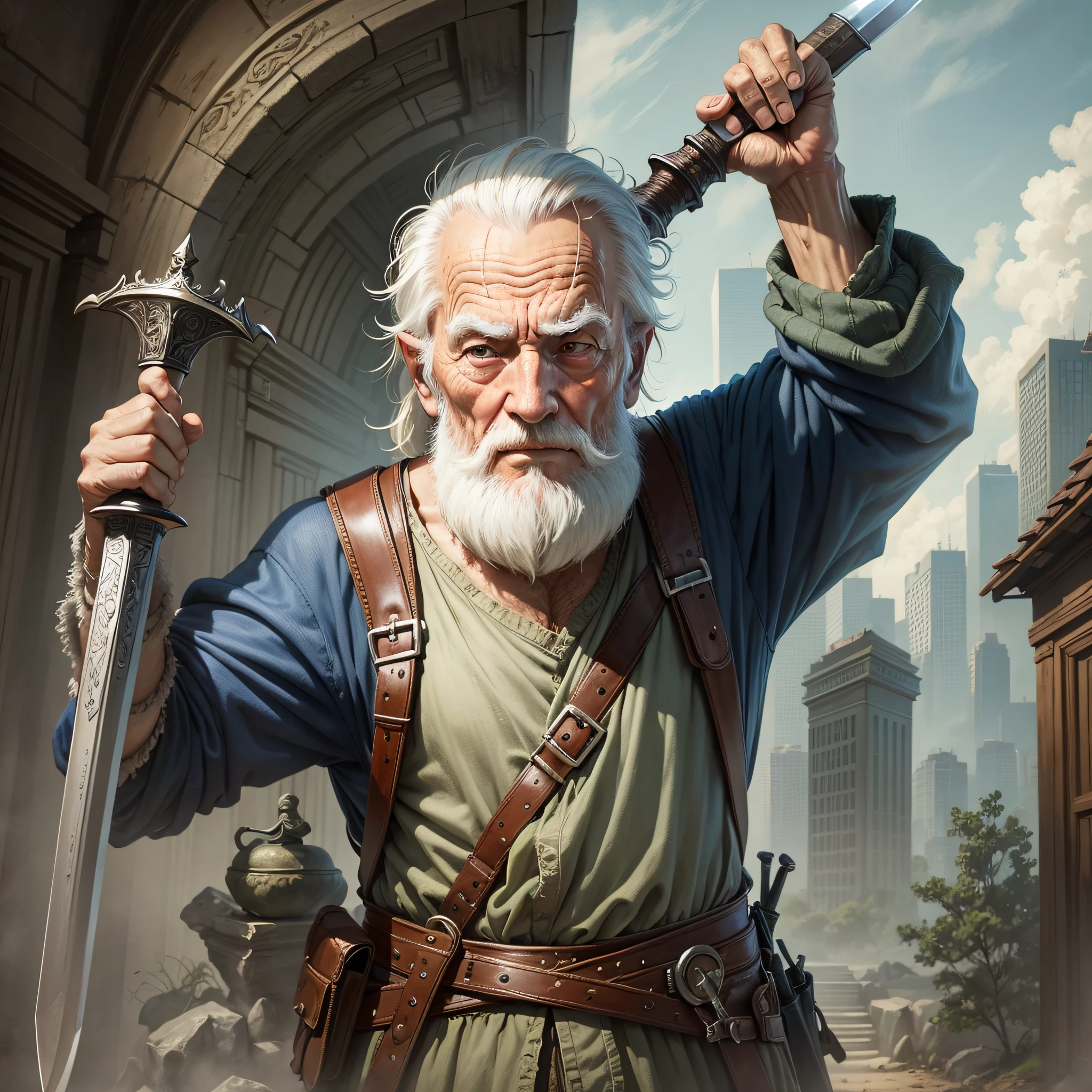 a brave old man realistic, holding a sword in his hand, --auto --s2