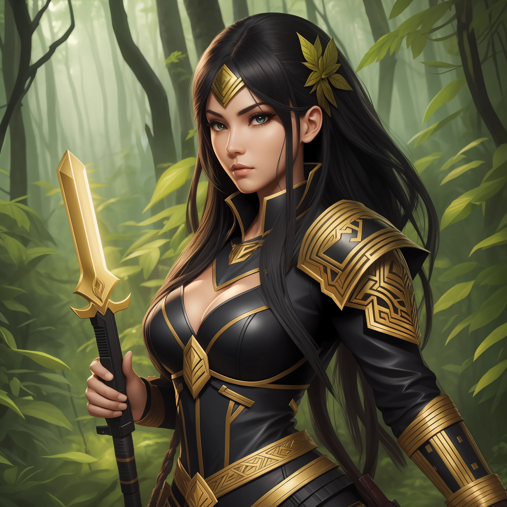 Game character, attractive amazon armed and groomed in the illuminated forest, she has a detailed penetrating look, her clothes are black --auto --s2