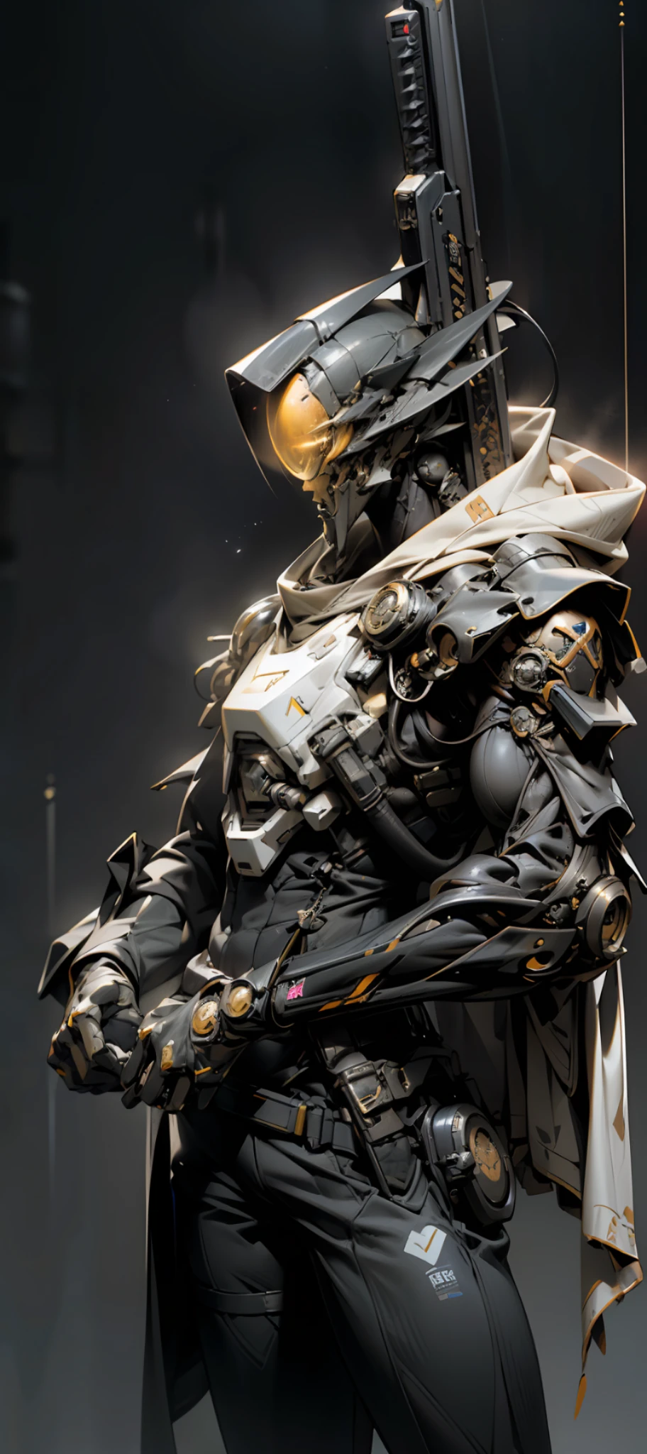 ((Best quality)), ((masterpiece)), (detailed:1.4), 3D, an image of a cyberpunk black male, HDR (High Dynamic Range),Ray Tracing,NVIDIA RTX,Super-Resolution,Unreal 5,Subsurface scattering,PBR Texturing,Post-processing,Anisotropic Filtering,Depth-of-field,Maximum clarity and sharpness,Multi-layered textures,Albedo and Specular maps,Surface shading,Accurate simulation of light-material interaction,Perfect proportions,Octane Render,Two-tone lighting,Wide aperture,Low ISO,White balance,Rule of thirds,8K RAW, anime - style man in a white and black outfit with a gun, cyborg merchant