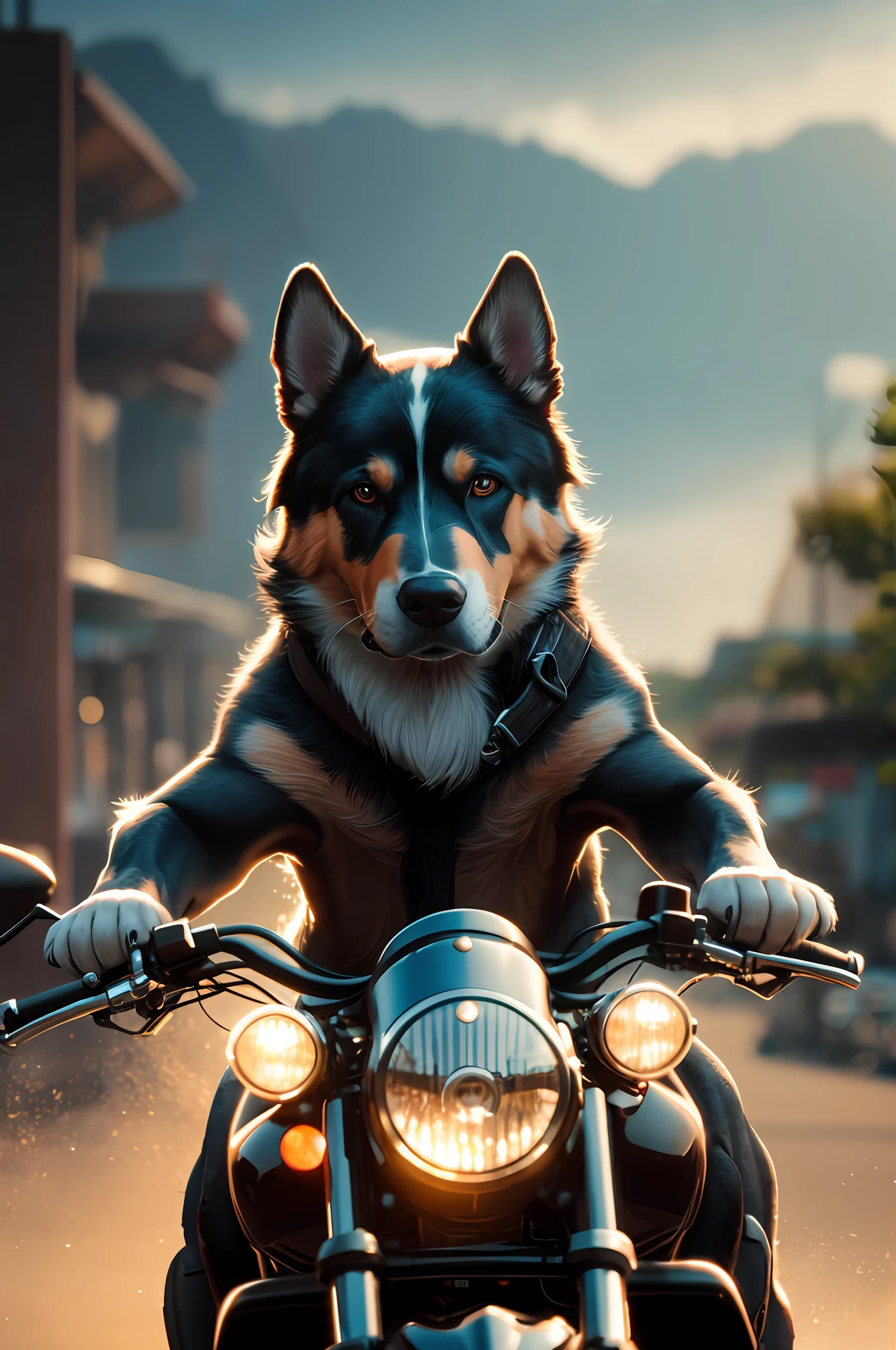 A dog, driving a motorcycle on the way to the beach, whole bike, red vest, cinematic, fine details, 8k, dark shot, soft volumetric lights, backlit, intricate details, hdr, ray tracing, fantasy